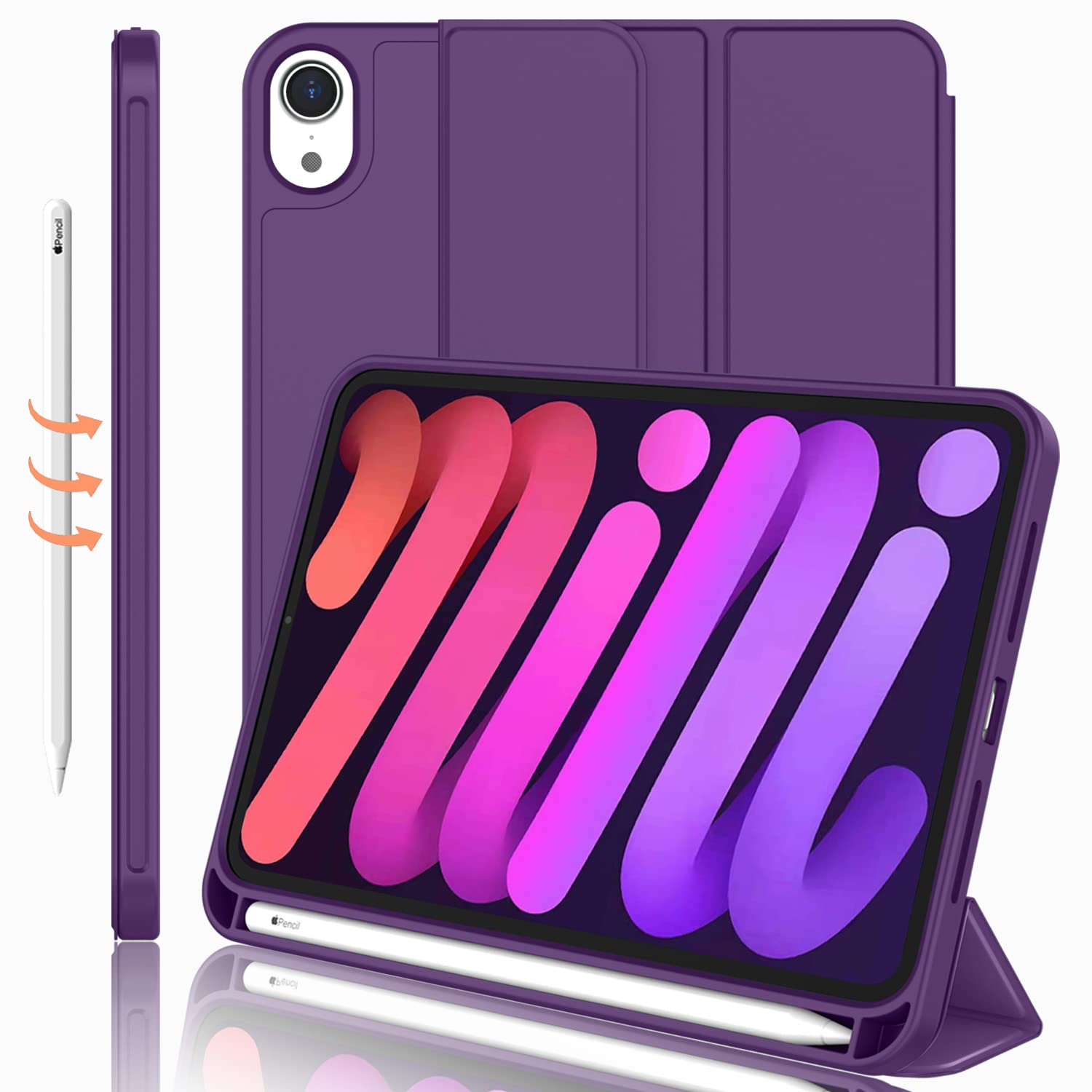 Imieet Ipad Mini 7 Case 2024 (A17 Pro), Ipad Mini 6 Case (8.3 Inch,2021 Model), Ipad Mini 7Th/6Th Generation Case With Pencil Holder, Trifold Stand Smart Case With Soft Tpu Back,Dark Purple