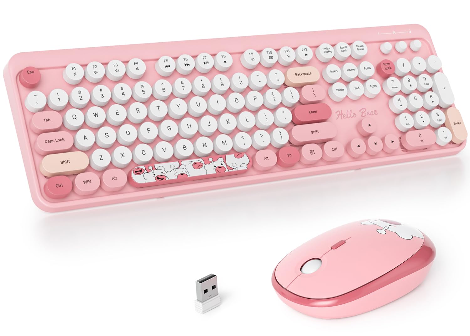 Fogruaden Wireless Keyboard And Mouse Combo, Pink Retro Typewriter Keyboard, 2.4Ghz Full Size Round Keycap Cute Computer Keyboar