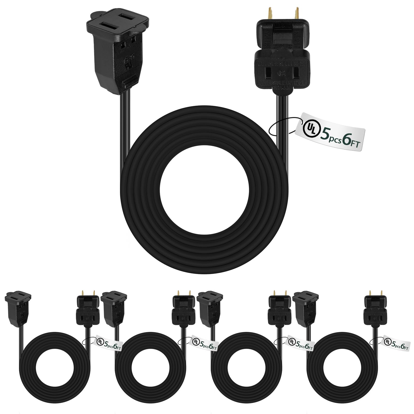 Kanayu 5 Pack 6 ft Clear Indoor Extension Cord 2 Prong Electric Cord Extender, Wire Plug in and End, Ac 120 Volts, for Outdoor C