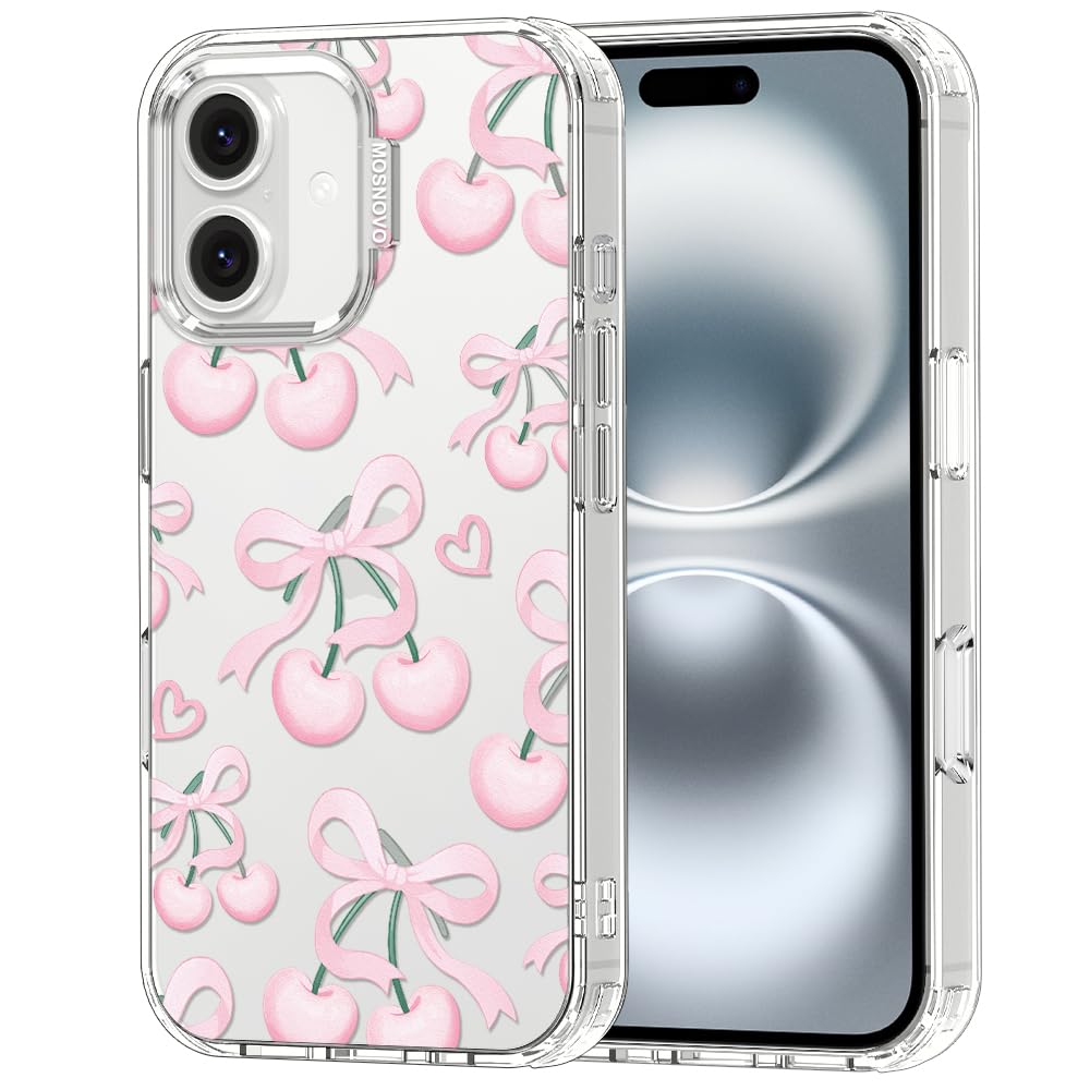 MOSNOVO for iPhone 16 Case, Shockproof Military-Grade Protection 6.6ft Drop Tested, Clear Phone Case for iPhone 16, Pink Cherry 