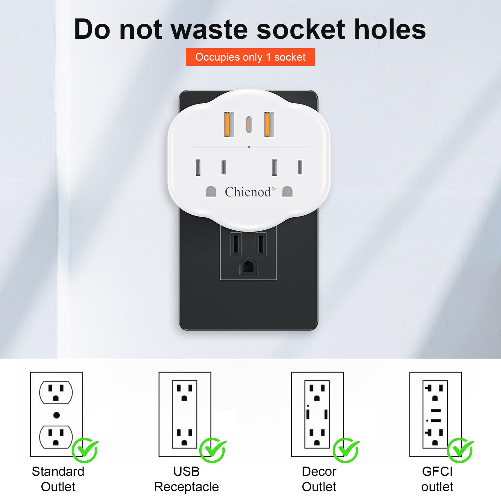 5 In 1 Wall Outlet Extender With Usb & Type C, Surge Protector, 2 Ac Outlets, 1050J Fireproof, Etl/Fcc Certified, Compact For Tr