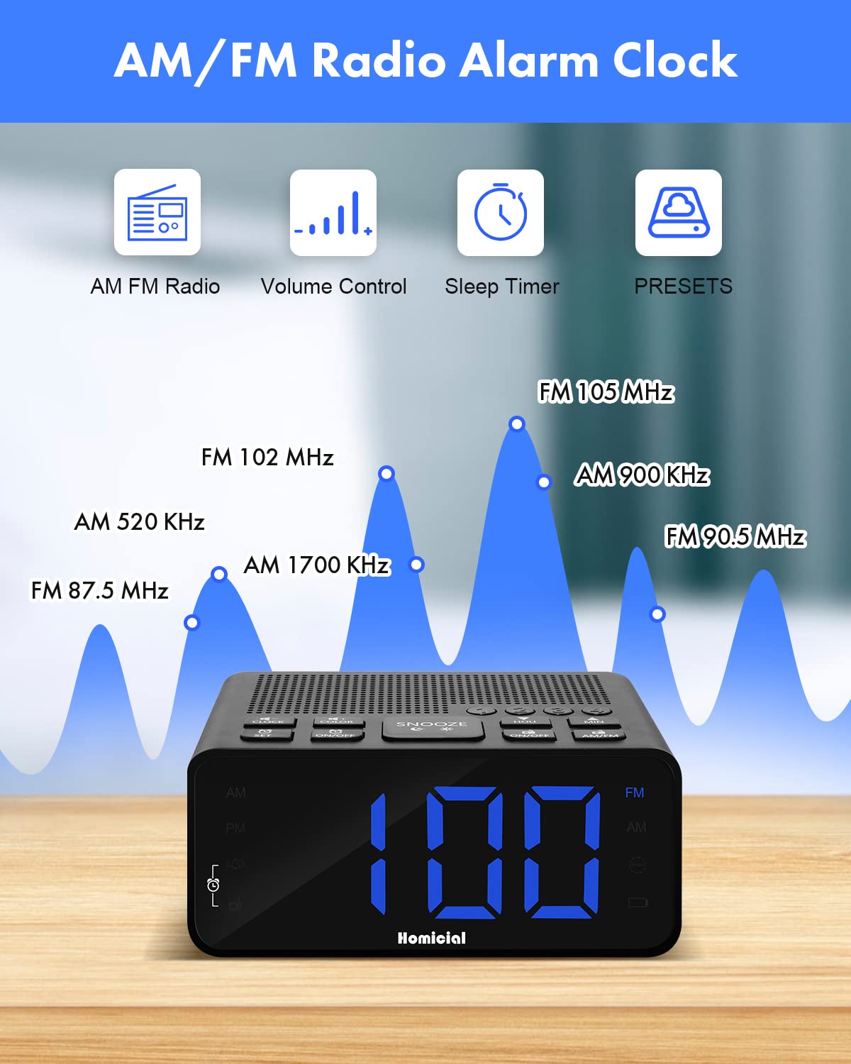 Homicial Digital Alarm Clock Radio With Am/Fm Radio, Multi-Colors 1.4    Led Digits, Preset, Sleep Timer And Clear Display With