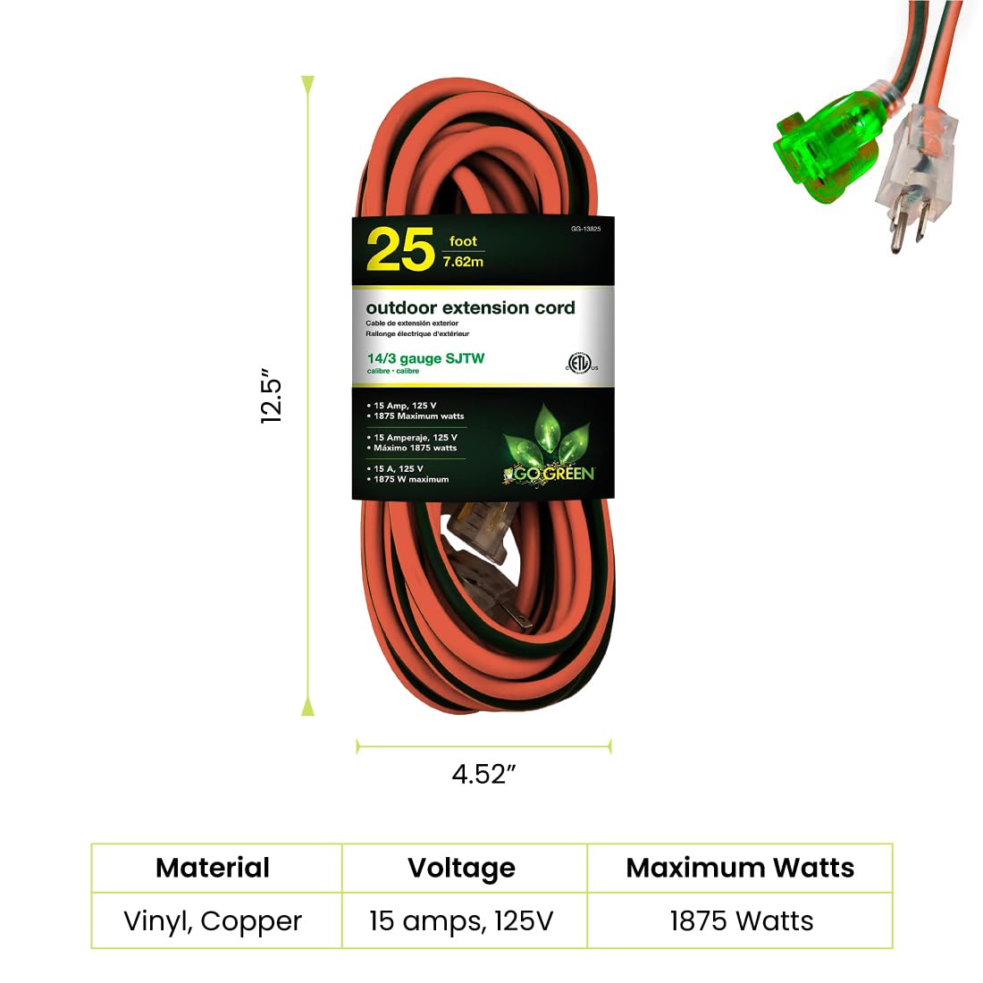 Go Green Power Inc. (Gg 13825) 14/3 Sjtw Outdoor Extension Cord, Lighted Extension Cord, 25 Ft