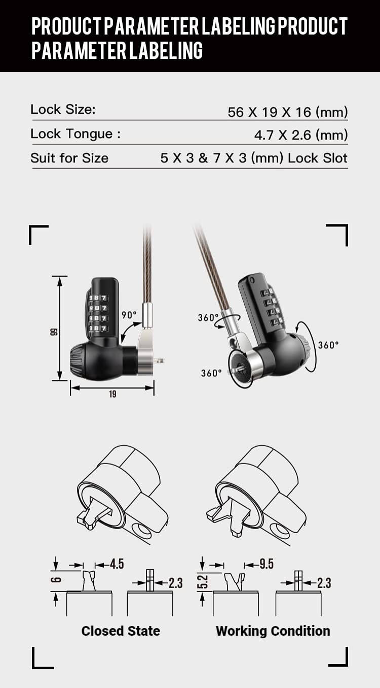 Tofeer Laptop Lock Universal Laptop Cable Lock Combination Computer Lock Compatible With Hp Samsung Dell Slot