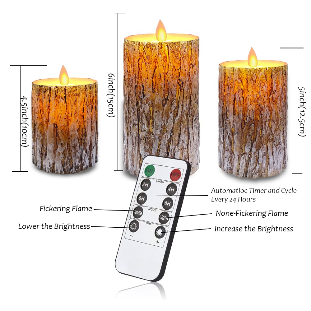 Mivitoom Pine Bark Led Flameless Pillar Candles Battery Operated With Flickering Warm Yellow Light Moving Wicks, Pack Of 3 (D 3