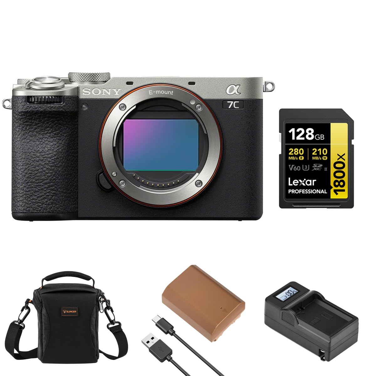 Sony Alpha a7C II Mirrorless Camera, Silver, Bundle with NP-FZ100 Battery, 128GB Memory Card, Charger and Shoulder Bag
