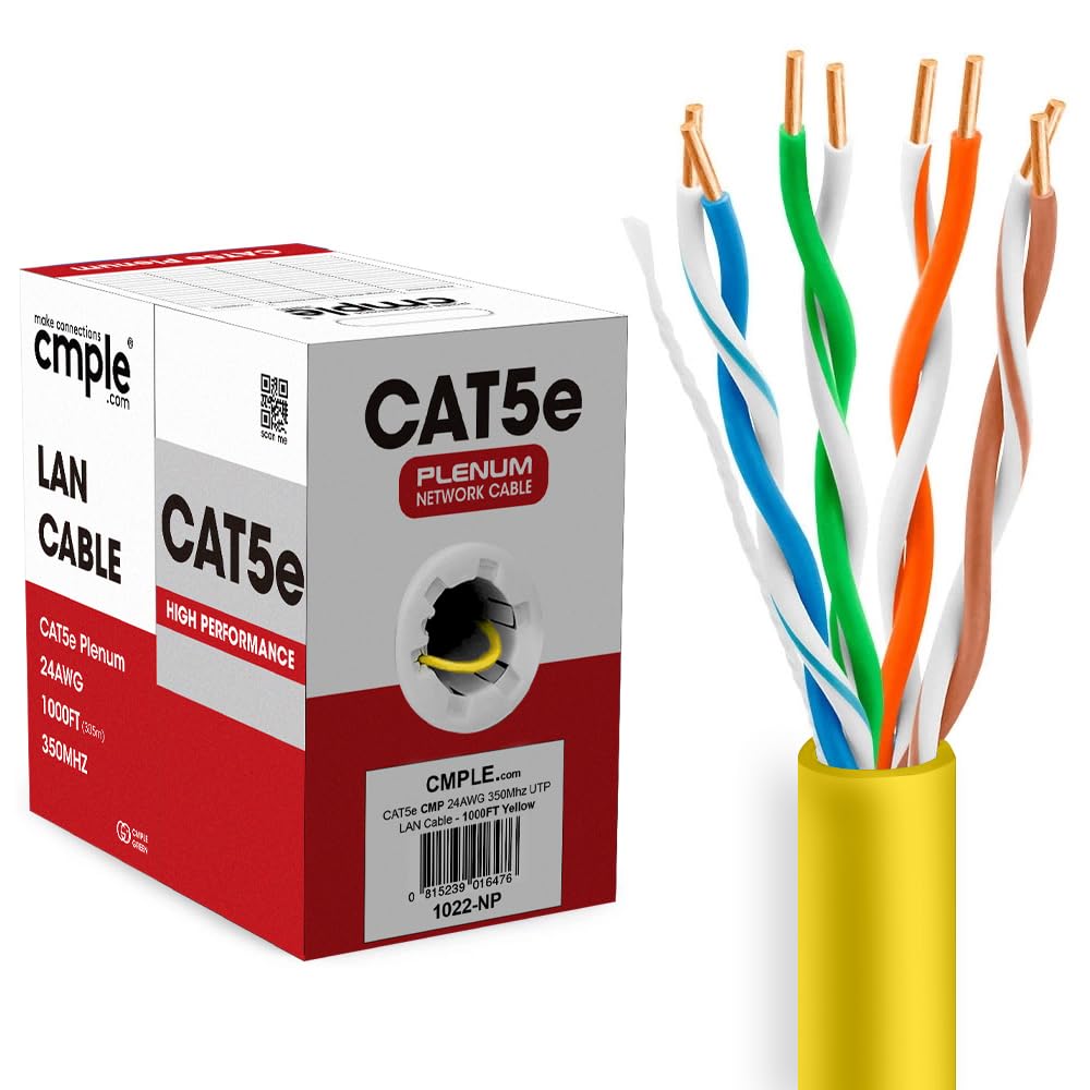 Cmple   Cat5E Ethernet Cable 1000Ft Gigabit Network Cat 5E Bulk Unshielded Twisted Pair (Utp), Solid 24Awg Cmr 350 Mhz Yellow