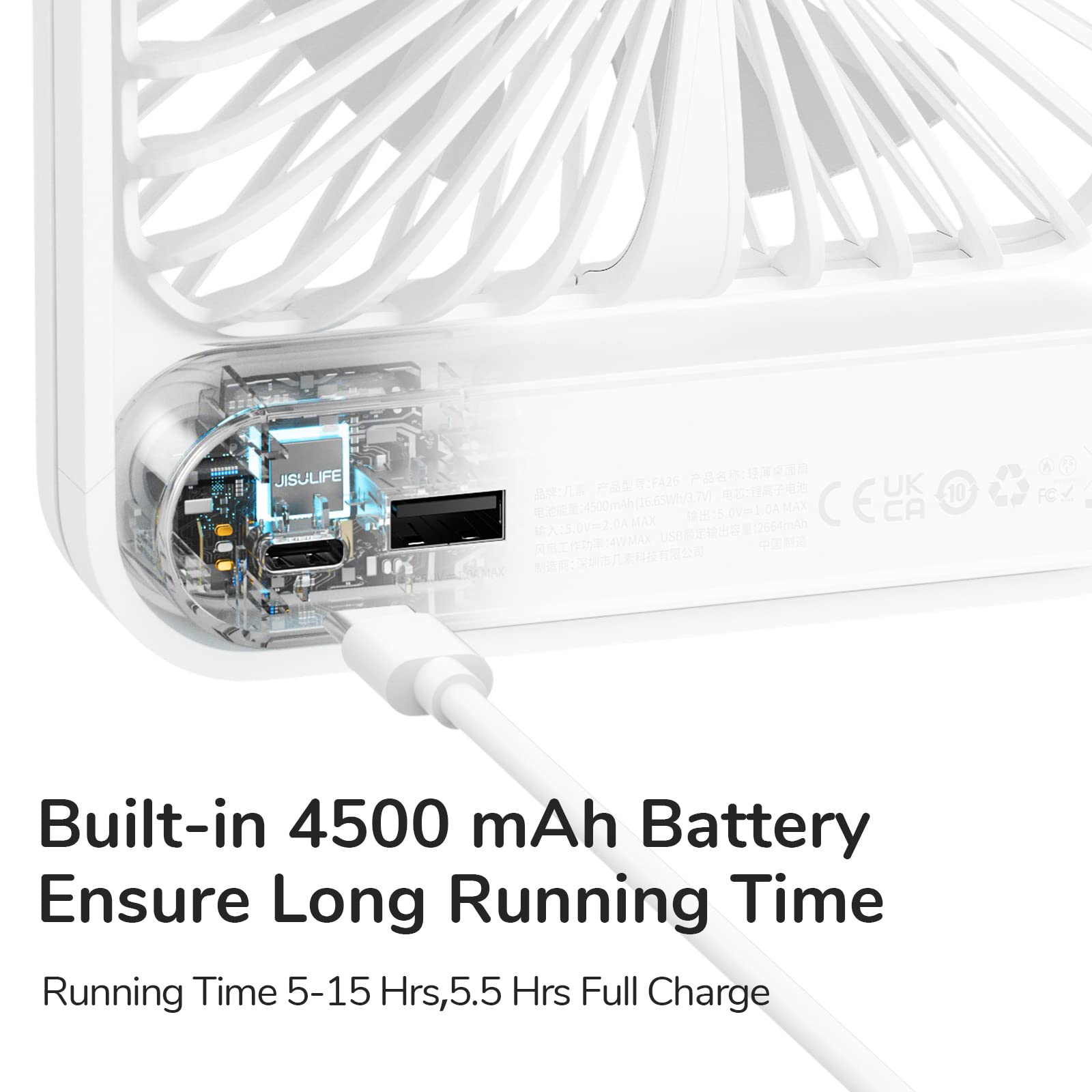 Jisulife Desk Fan Battery Rechargable Fan,4500Mah 180Foldable Portable Personal Fan, 4 Speeds Adjustable Long Battery Life For H