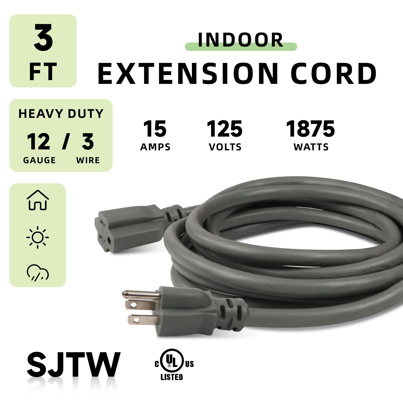 Ep 3 Ft Extension Cord, 12/3 Sjtw Heavy Duty Extension Cable With 3 Prong Grounded Plug, 15 Amp Power Cord For Lawn, Garden, App