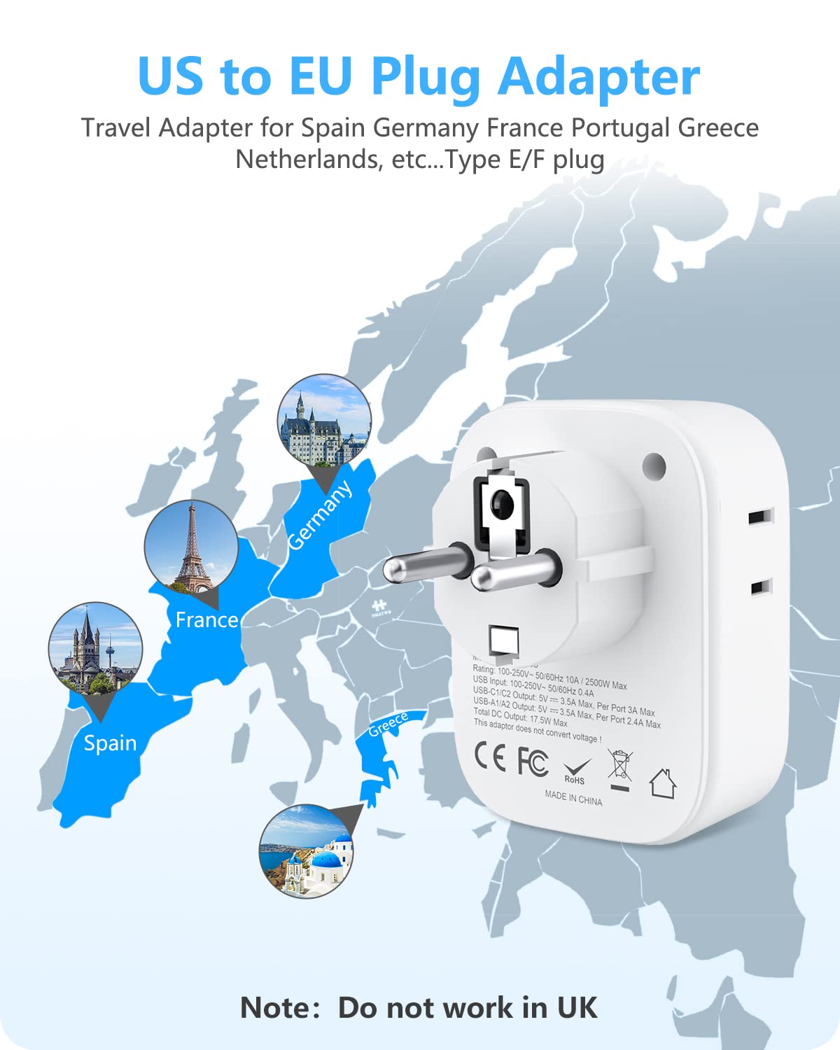 Lencent 3 Pack Germany France Travel Power Adapter, Schuko Type E/F Power Plug Adaptor With 4 Usb Ports(2 Type C),4 Outlet Conve