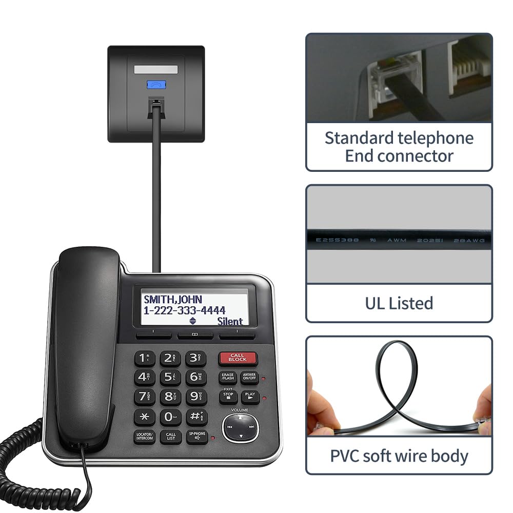 Xanham Phone Cable 50 Feet Long Telephone Line Cord With Rj11 6P4C Connectors For Landline Phone, Fax Machine And Modem, For Bot