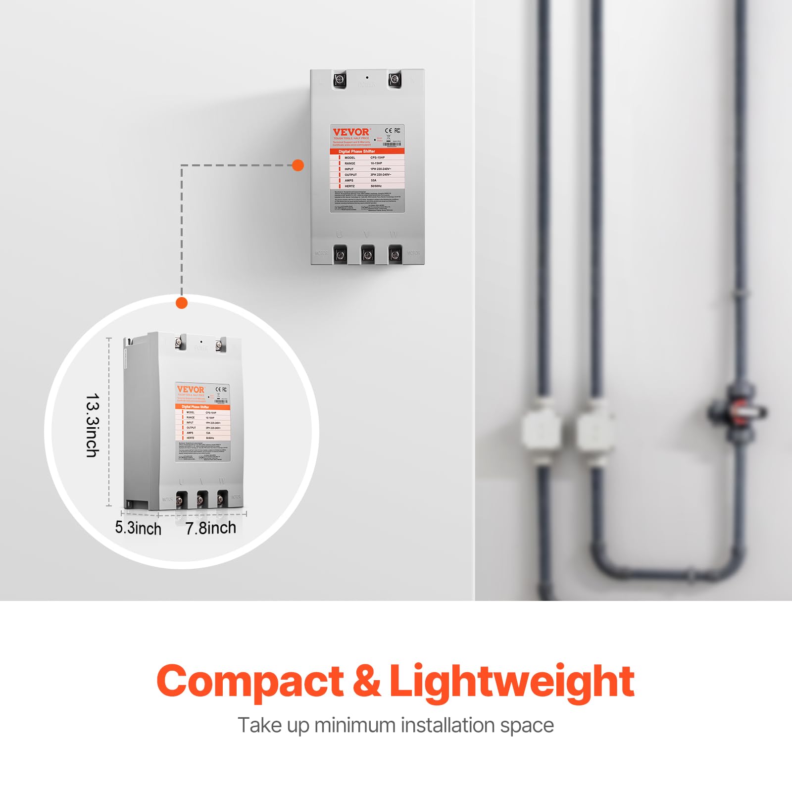 Vevor 3 Phase Converter - 15Hp 53A 220V Single Phase To 3 Phase Converter, 220V-240V Input/Output, Digital Phase Shifter For Res