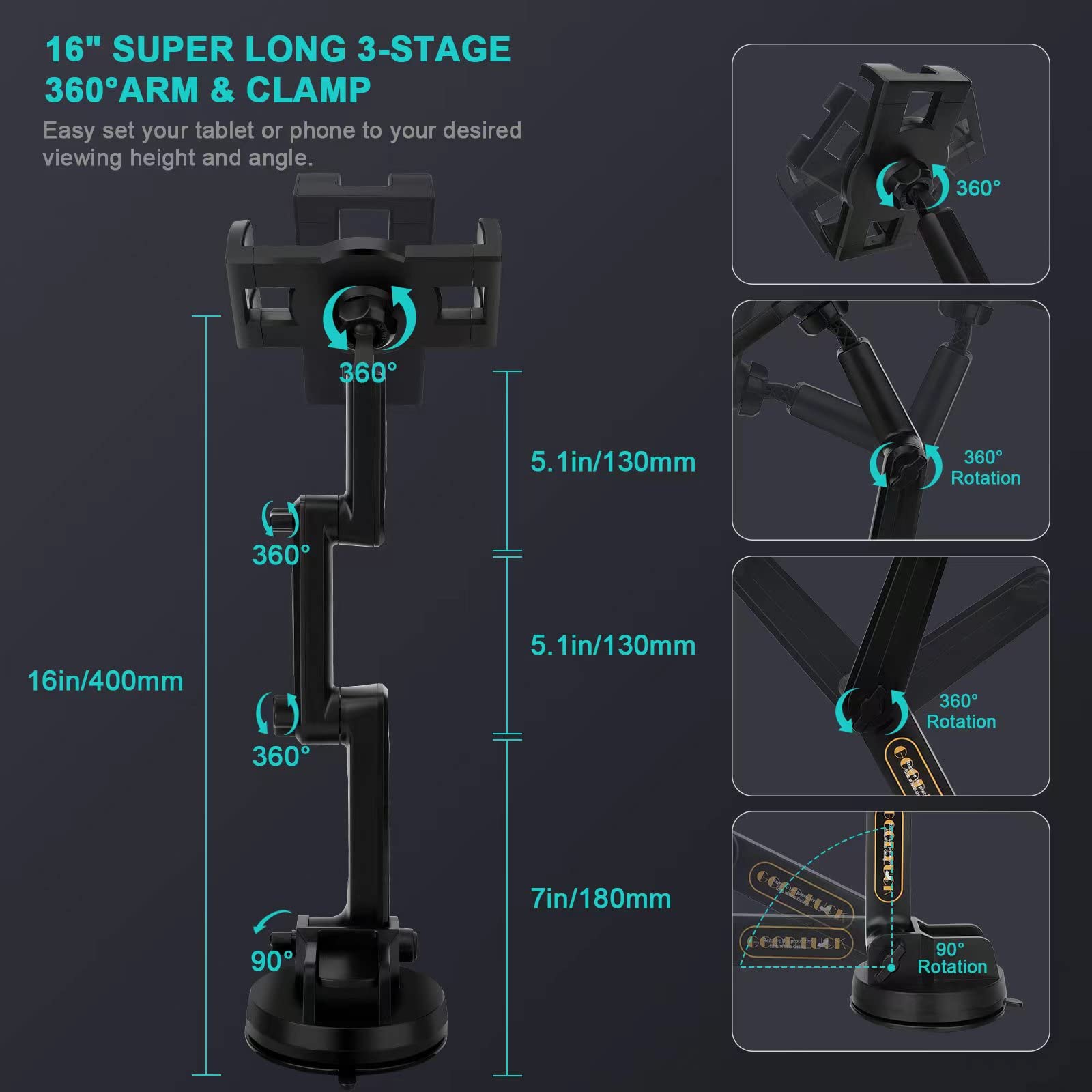 Porfortop Ipad Pro 12.9 Inch Tablet Mount, 4 Inch Suction Cup, 16 Inch Arm, Wide Compatibility, Full Protection, Hassle Free Cha