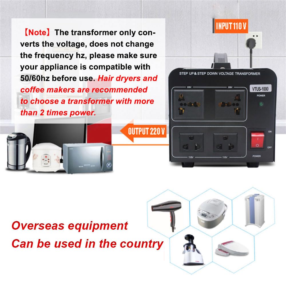 Yinleader 1000W Voltage Converter Transformer(110V To 220V Or 220V To 110V) 1000 Watt Step Up/Down Converter 110/120 Volt - 220/
