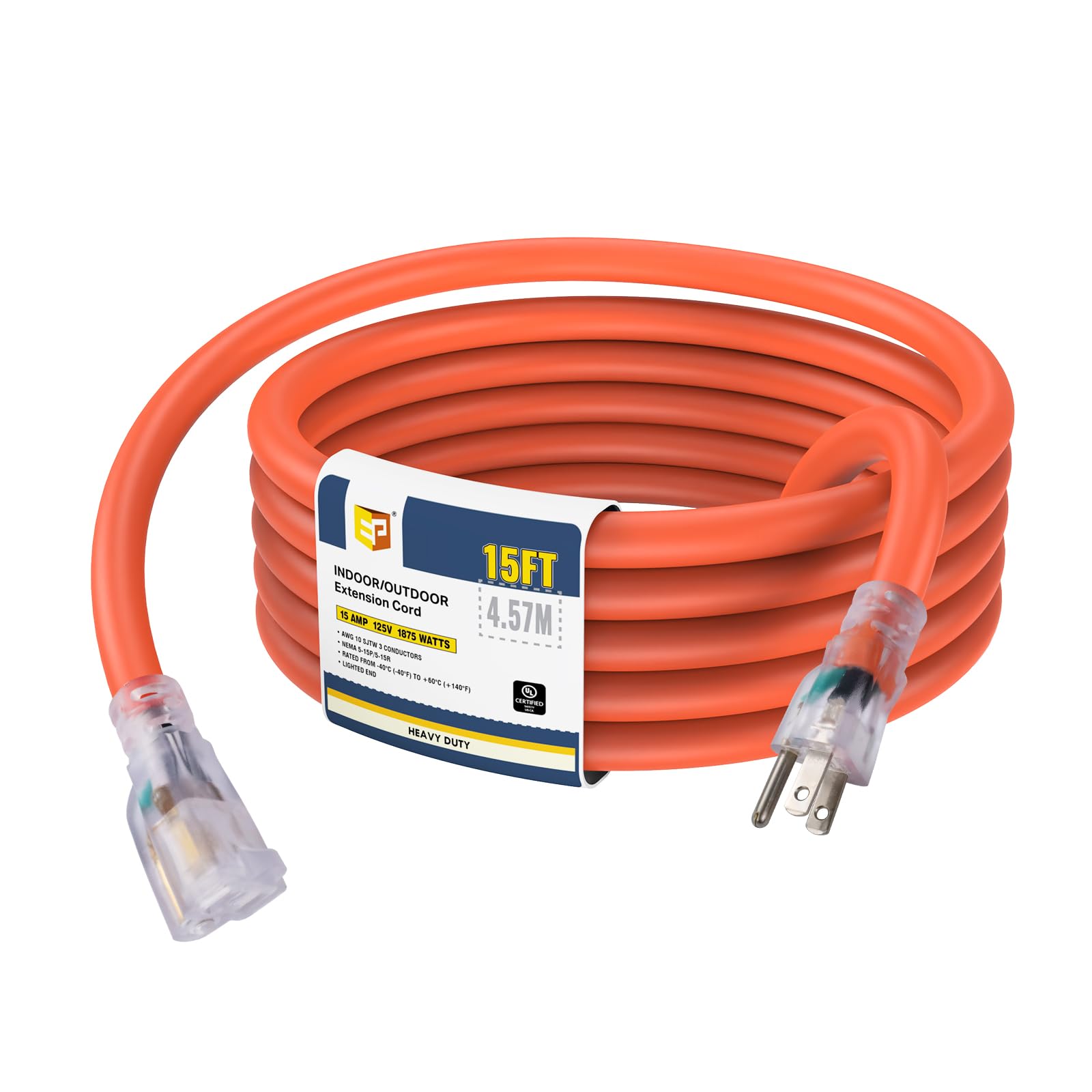 Ep 15 Ft Lighted Outdoor Extension Cord   10/3 Sjtw Heavy Duty Orange Extension Cable With 3 Prong Grounded Plug For Safety, Ul