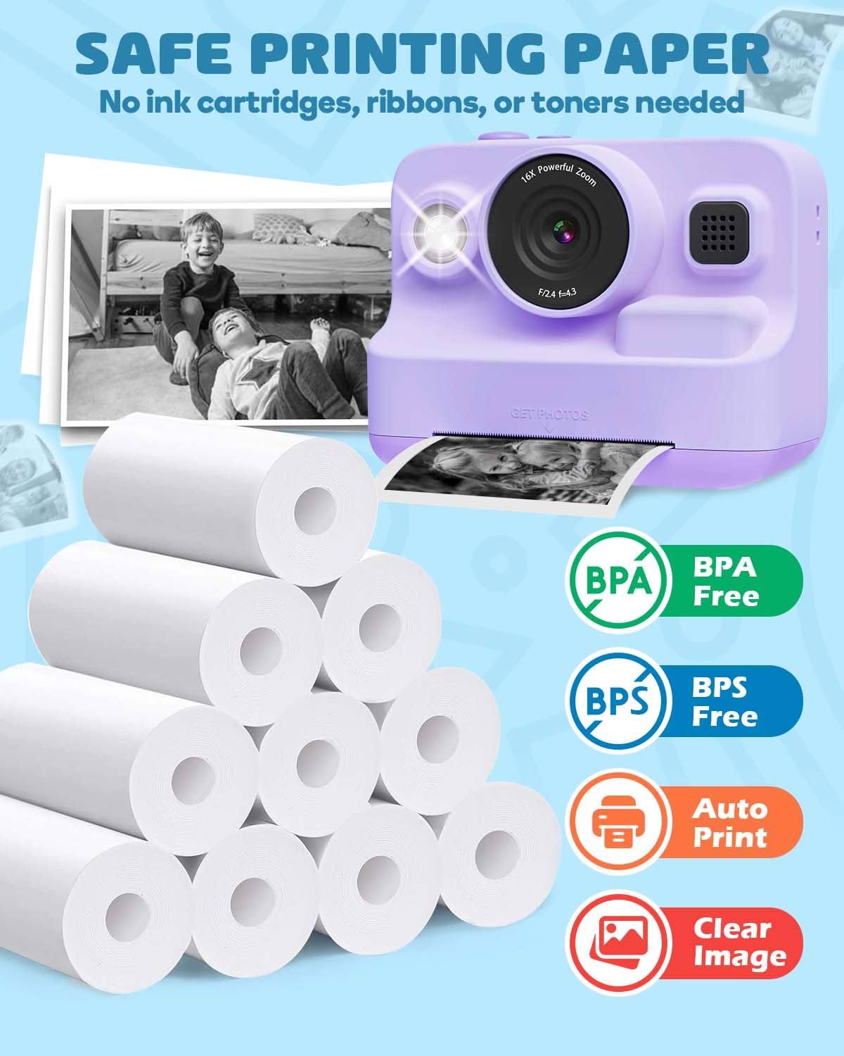 Anchioo Thermal Paper 10 Paper Rolls For Kids Instant Print Camera, Hd Printing Receipt Paper Set Portable Refill Paper