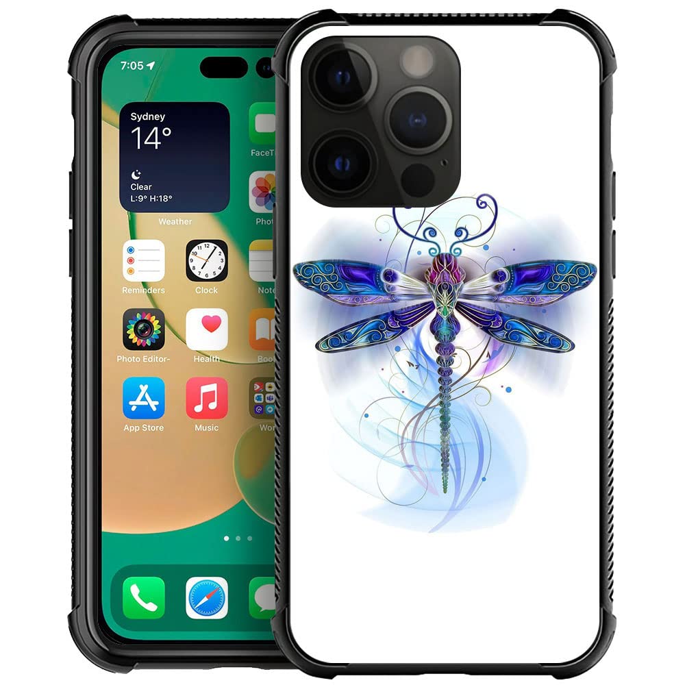 Compatible With Iphone 14 Pro Case, Blue Dragonfly Iphone 14 Pro Cases, Tempered Glass Back+Soft Silicone Tpu Shock Protective C