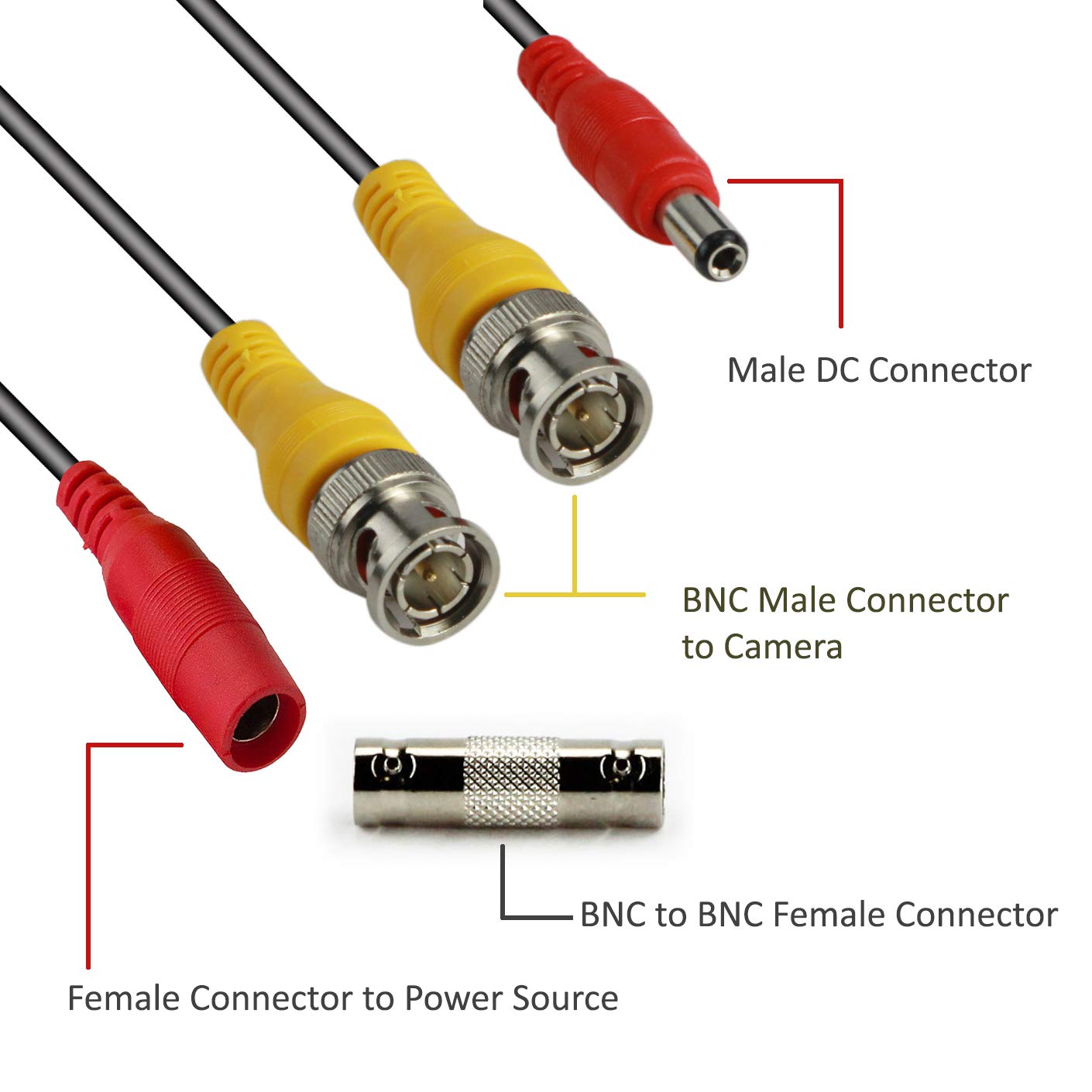 Installercctv Bnc Video Power Cable, 60Ft All In One Video Hd Tvi Hd Cvi Ahd Analog 1080P Black Premade Power Cable W/Connectors