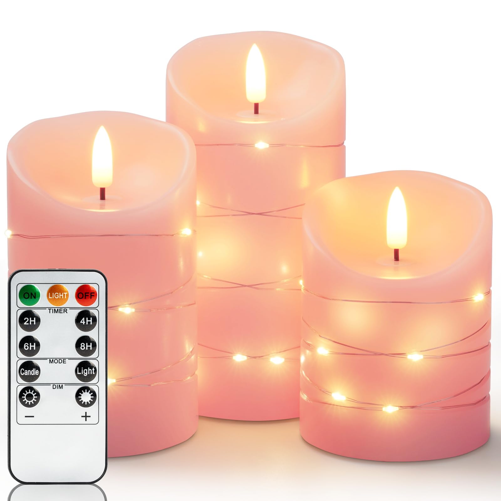 Homemory Flameless Candles With String Lights, 3 Pack Embedded Fairy String Lights Led Candles, Electric Flickering Candles With