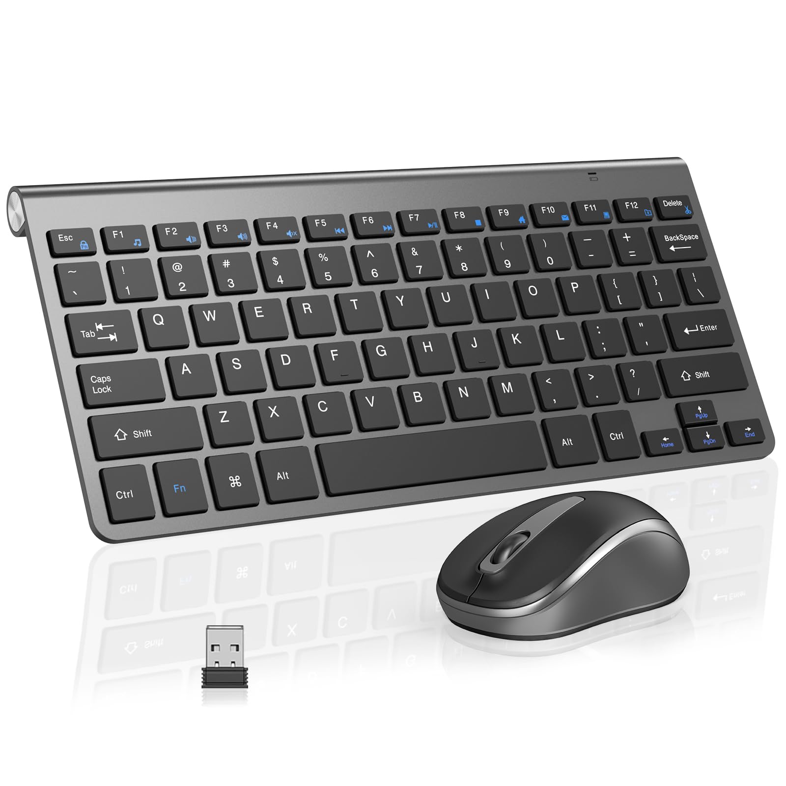 Compact Wireless Keyboard Mouse Combo, Mini Portable Travel Keyboard and Silent Mouse Set with USB Receiver, Quiet Click, Small 