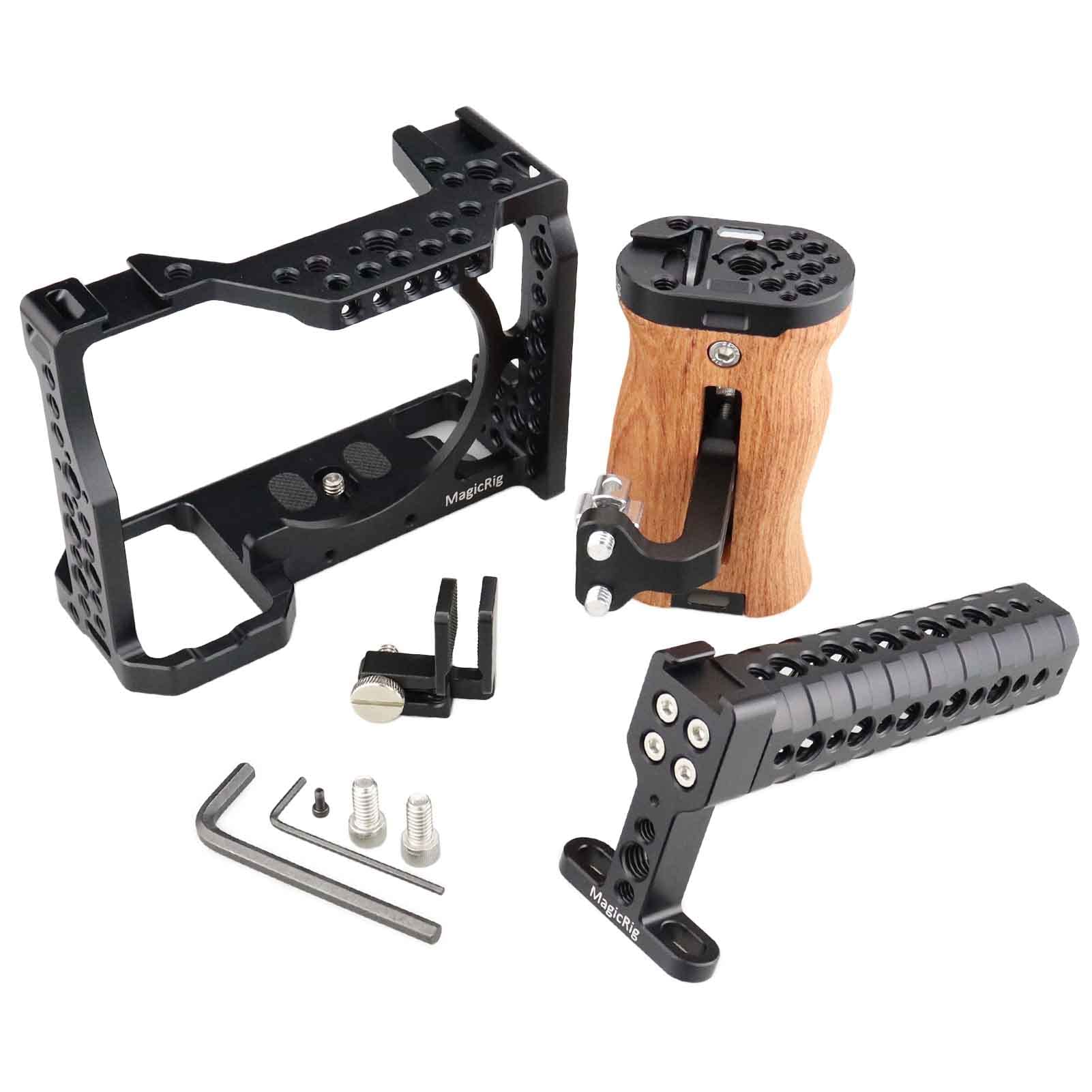 Magicrig Camera Cage Kit For Sony A7Iii Series,With Top Handle Grip Wooden Side Handle Hdmi Cable Clamp Lock,Built In Cold Shoe