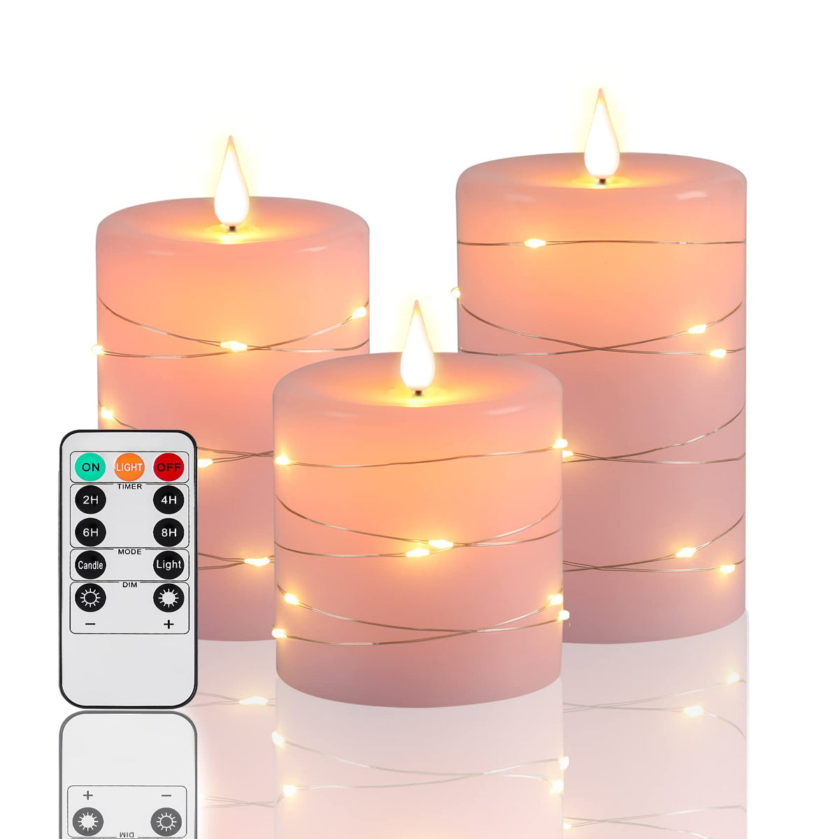 Fanzir Pink Flameless Candles With String Lights Battery Operated Flickering Led Pillar Candles 4? 5? 6? Candle With Remote Cont