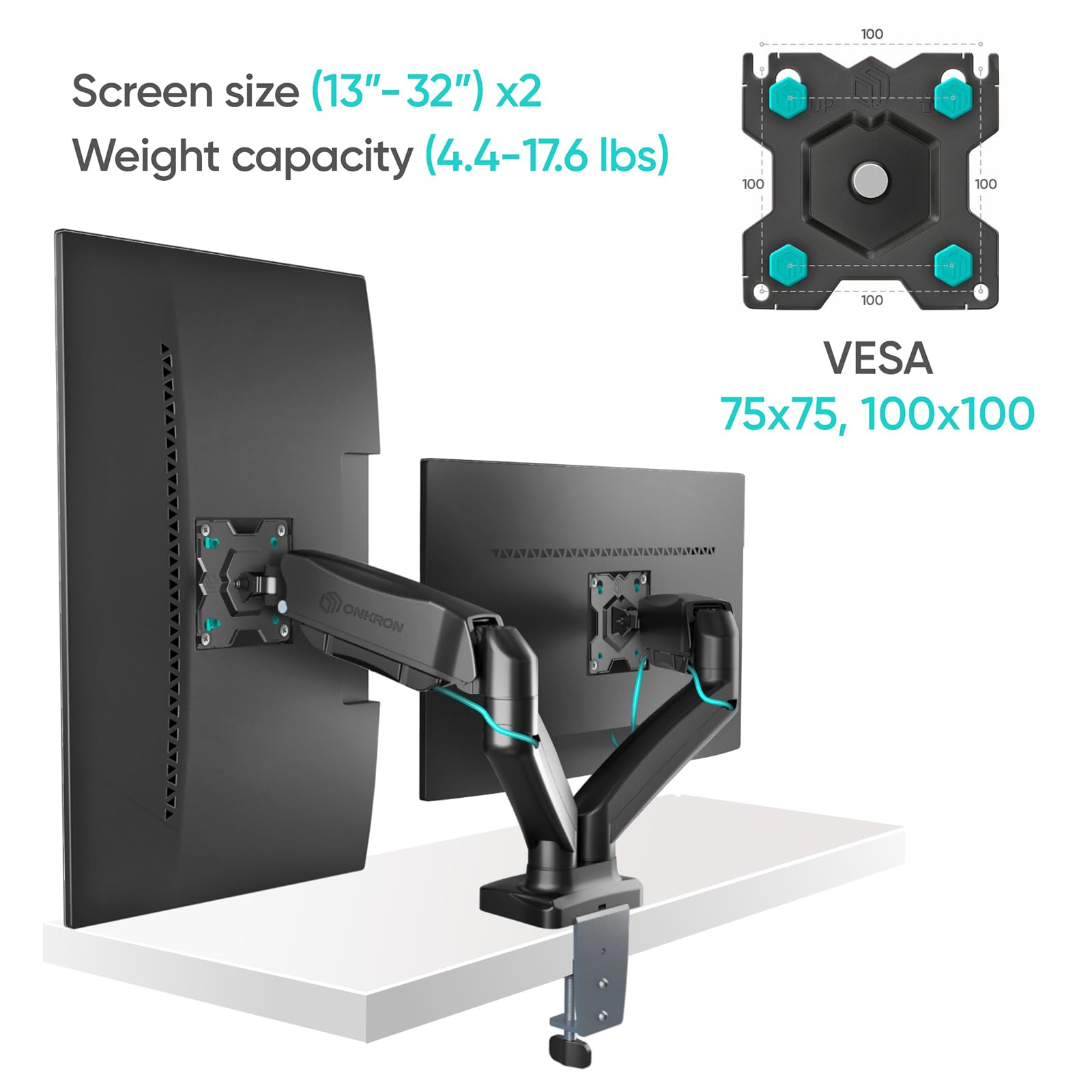 Onkron Dual Monitor Arm Mount For Two 13 32 Inch Screens Up To 17.6 Lbs, Gas Spring Monitor Arm Vesa 75X75 100X100, Double Monit