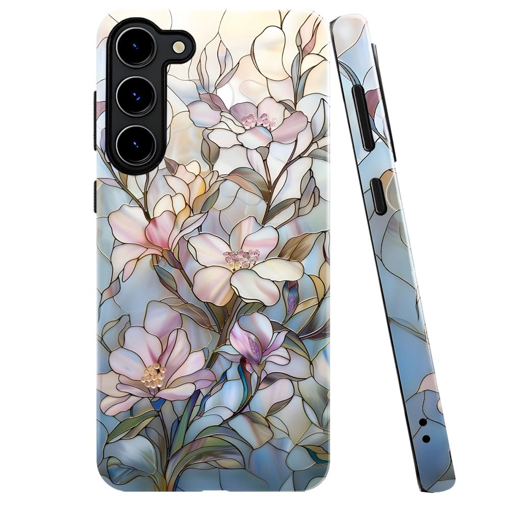 Case for Samsung Galaxy S23 Plus,Stained Glass Floral Magnolia Pattern Phone Case Military-Grade Drop Protection Cover for Women