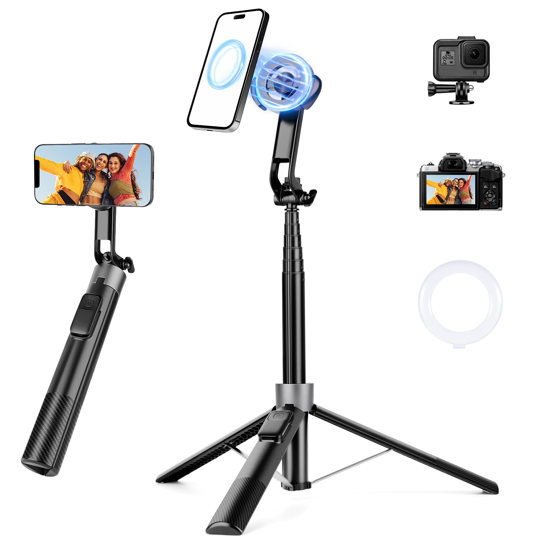 70 Magnetic Phone Tripod, Selfie Stick Tripod for iPhone Magsafe with Rechargeable Remote & 2 in 1 Magnetic Holder, Portable Cel