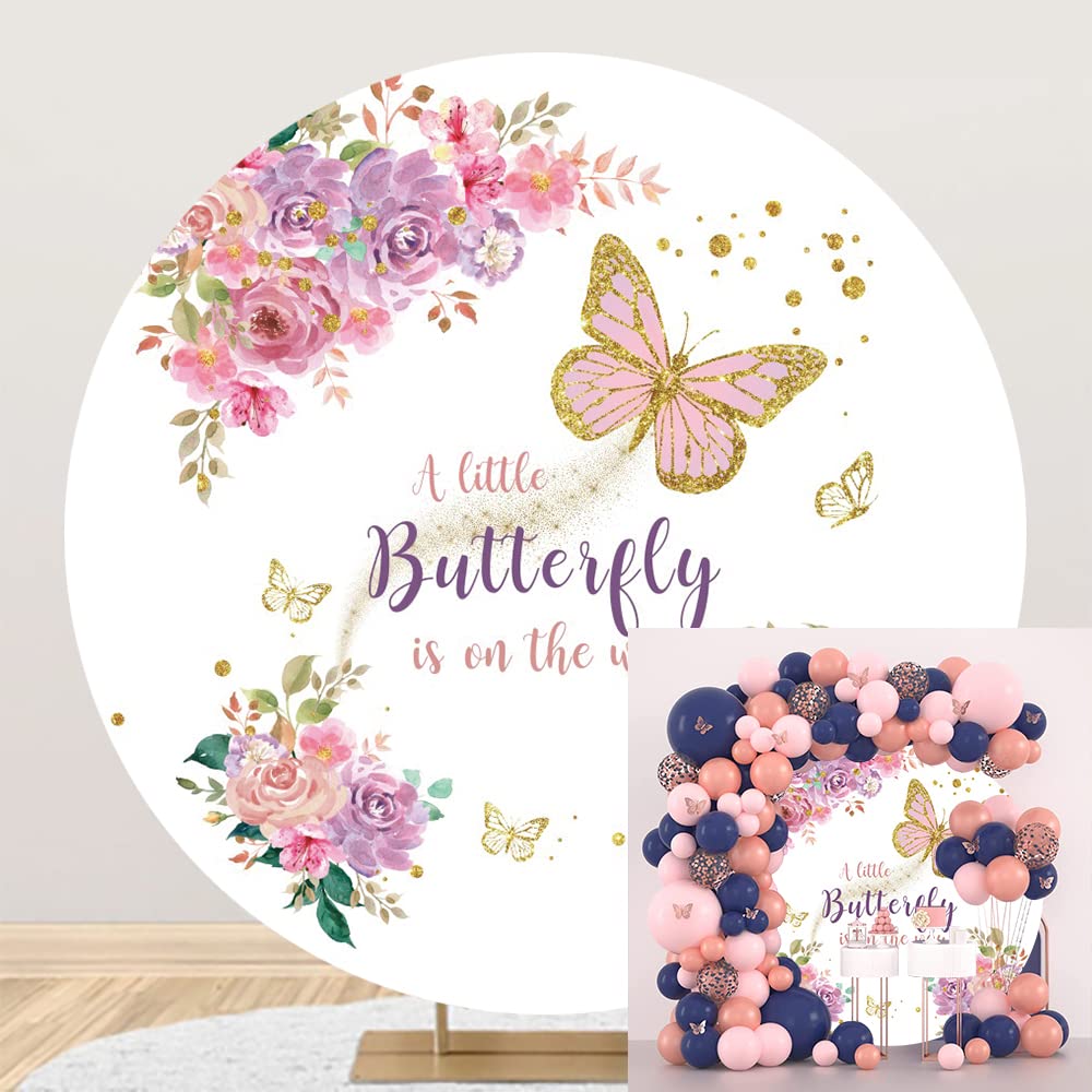 Oerju 6X6Ft Butterfly Round Backdrop Cover A Little Butterfly Is On The Way Watercolor Flower Photography Background Baby Shower