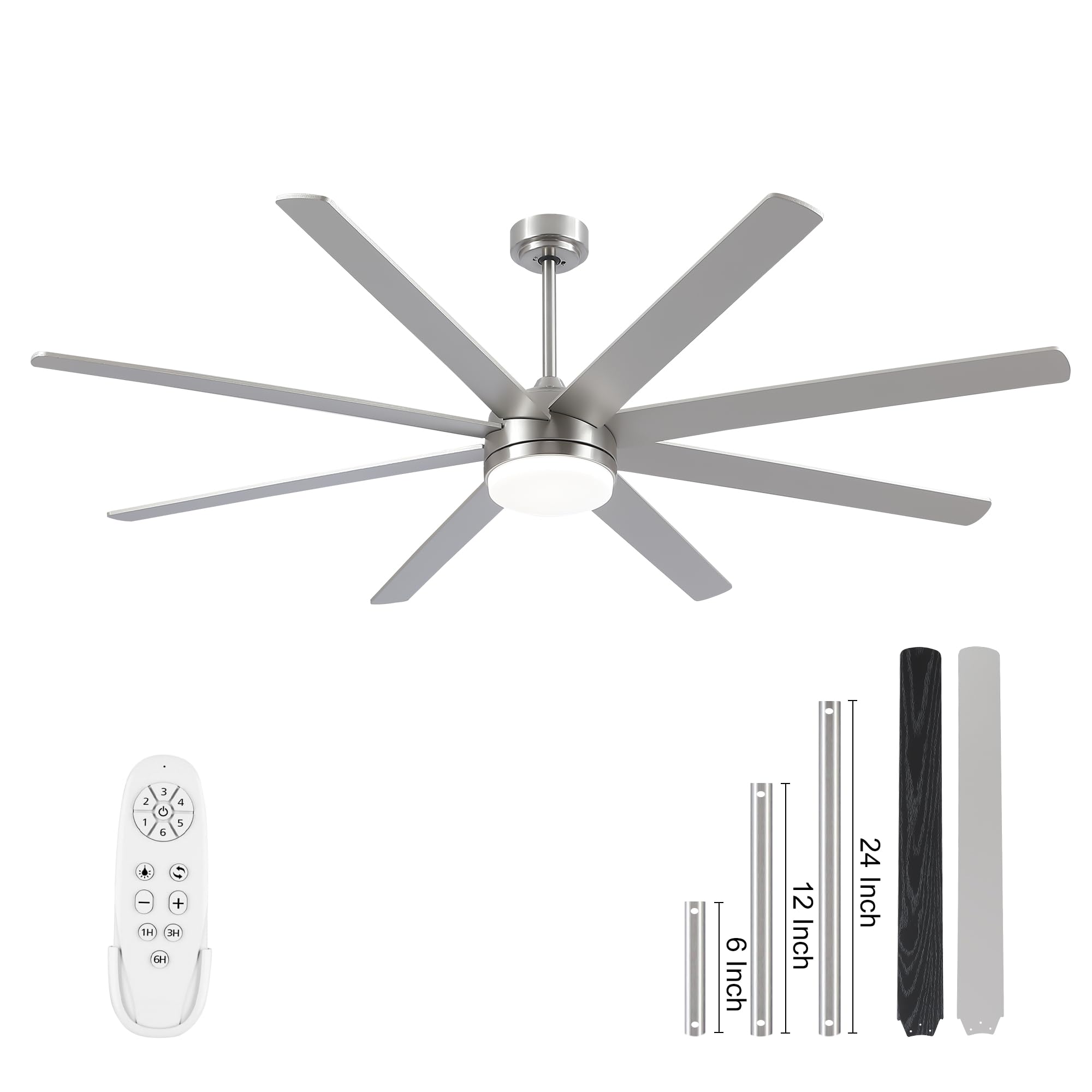 YUHAO 72 Inch Brushed Nickel Ceiling Fan with Light and Remote Control.Noiseless,Dimmable,3CCT,6 Speeds Reversible, DC Ceiling F