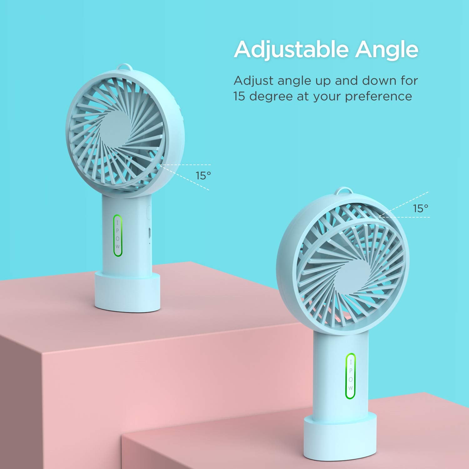 Ipow Mini Handheld Fan Personal Portable Fan 3 Speed Adjustable Angle Removable Base Lanyard Usb Recharging Battery Operated Sma