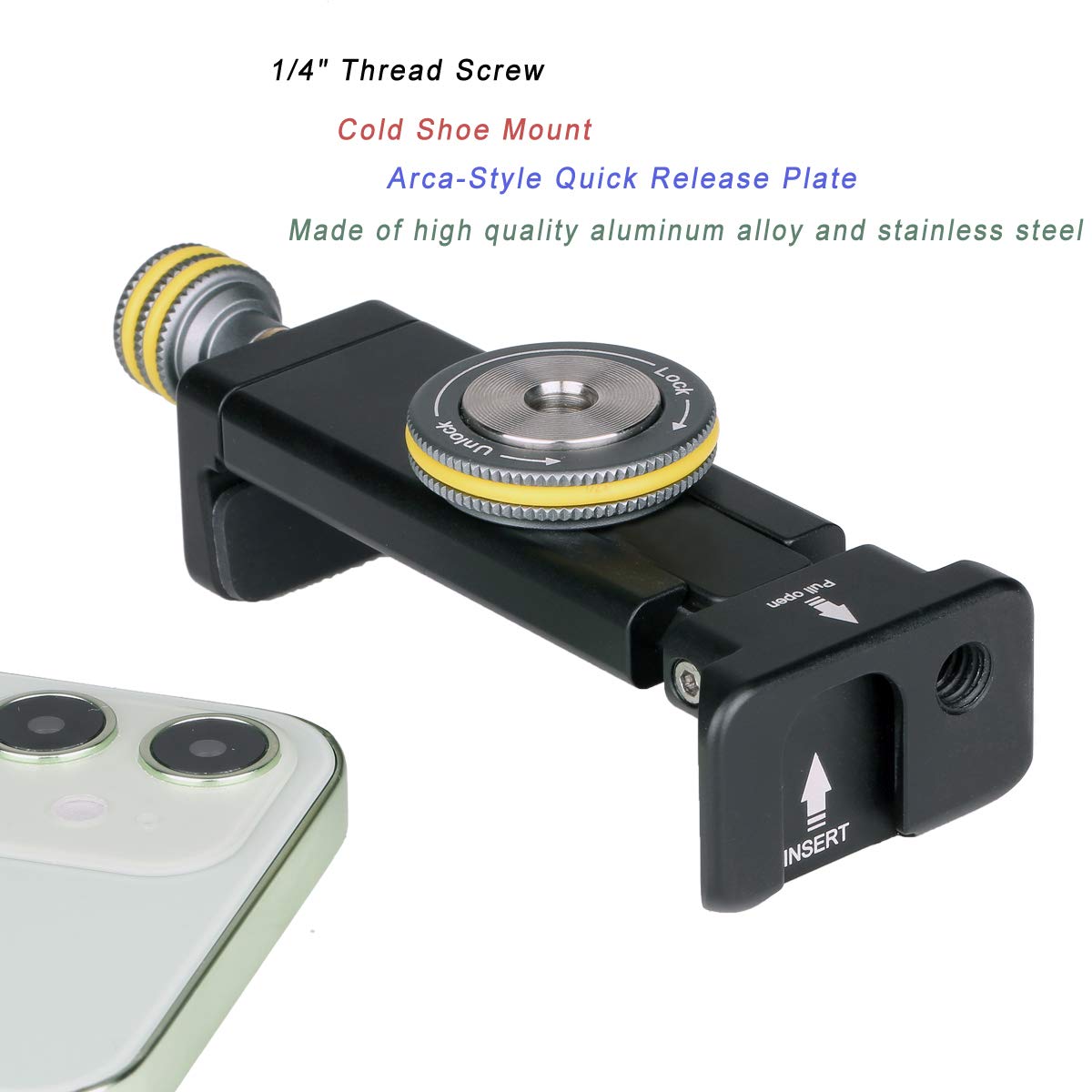 Fayeegin Phone Mount For Tripod, Smartphone Tripod Adapter For Iphone Samsung Cell Phone Stand Holder With Cold Shoe And Arca Sw