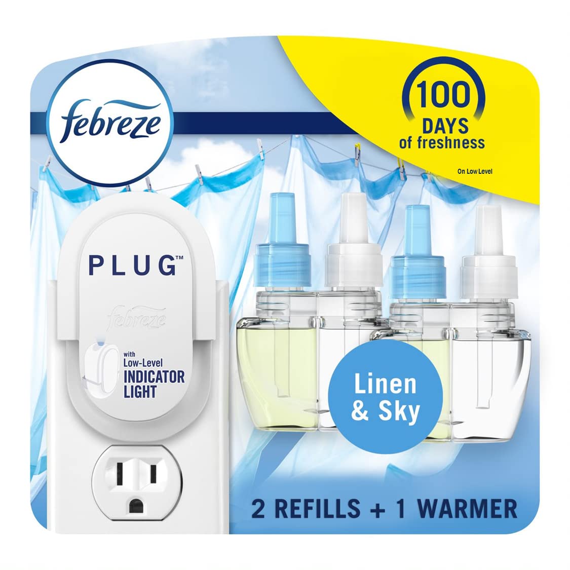 Febreze Plug In Air Fresheners, Linen & Sky Scent, Odor Fighter For Strong Odors, 1 Warmer + 2 Oil Refills  Pack Of 2