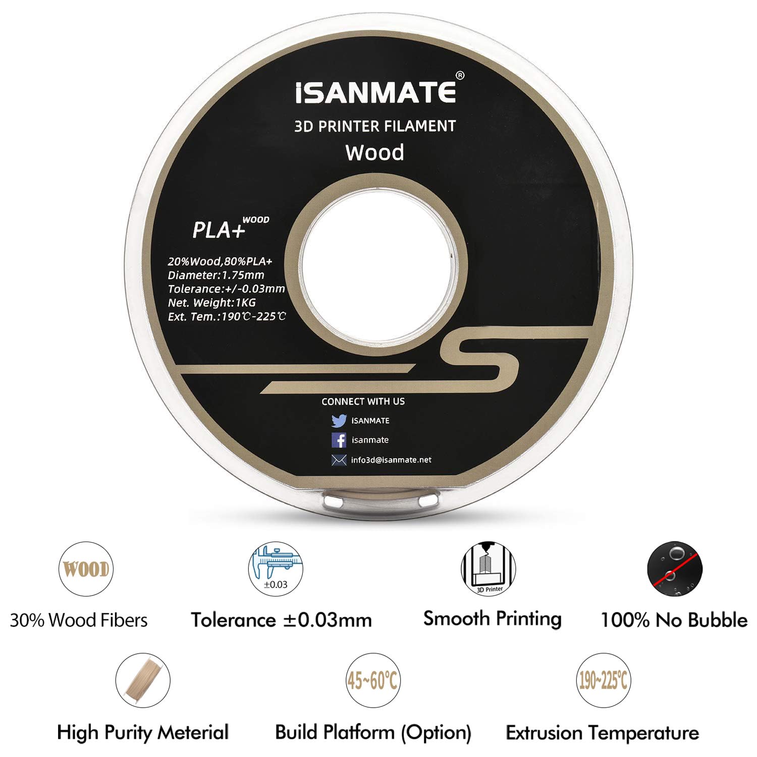 Isanmate Wood Filament 1.75Mm, Pla+ Wood Filament 1.75Mm, 3D Printer Filament 1Kg/Spool (Update 20% Real Wood Fiber)