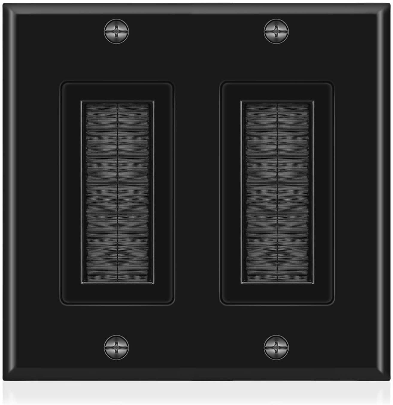 Double 2 Gang Black Wall Plate Black Brush Style Opening Pass Through Low Voltage Cable Plate In Wall Installation For Cable, Tv