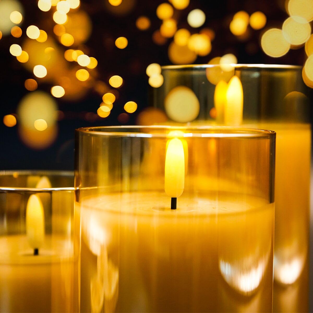 Gold Glass Flameless Candles Flickering With Remote, Timer, Battery Operated Moving Wick Realistic Warm Light Real Wax Led Candl