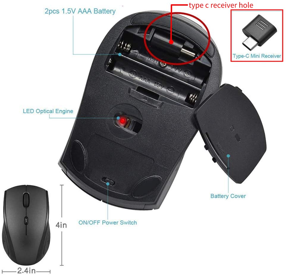 Huifen Type C Wireless Mouse, Usb C Gaming Wireless Mice 2.4G Silent Ergonomic With 3 Dpi Levels Compatible With Samsung Chromebook, Google Pixelbook, Dell, Hp Omen, More Device (Black)