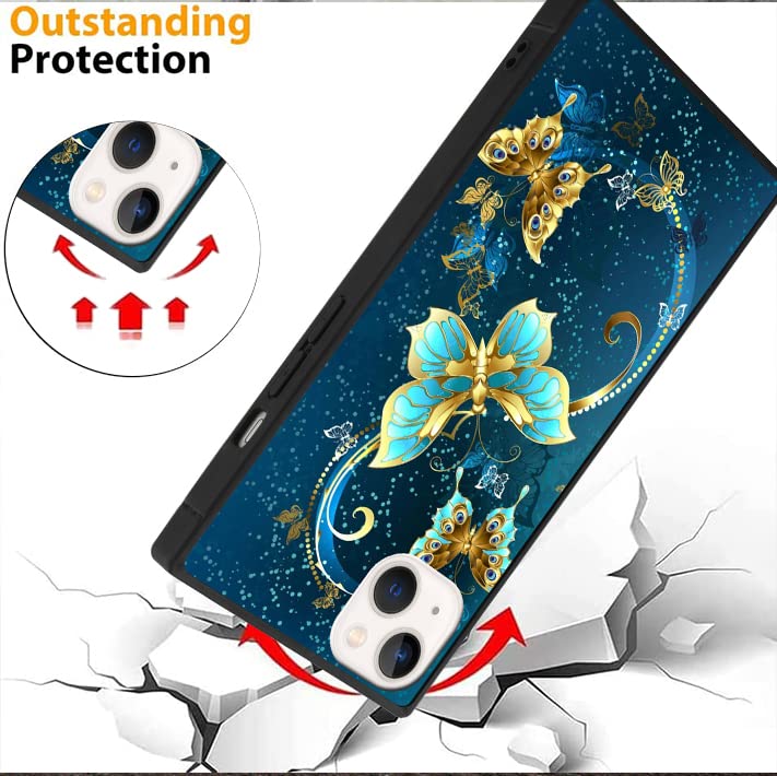 SAKUULO iPhone 13 Case with Screen Protector & Kickstand Blue Butterfly Print Slim Polycarbonate