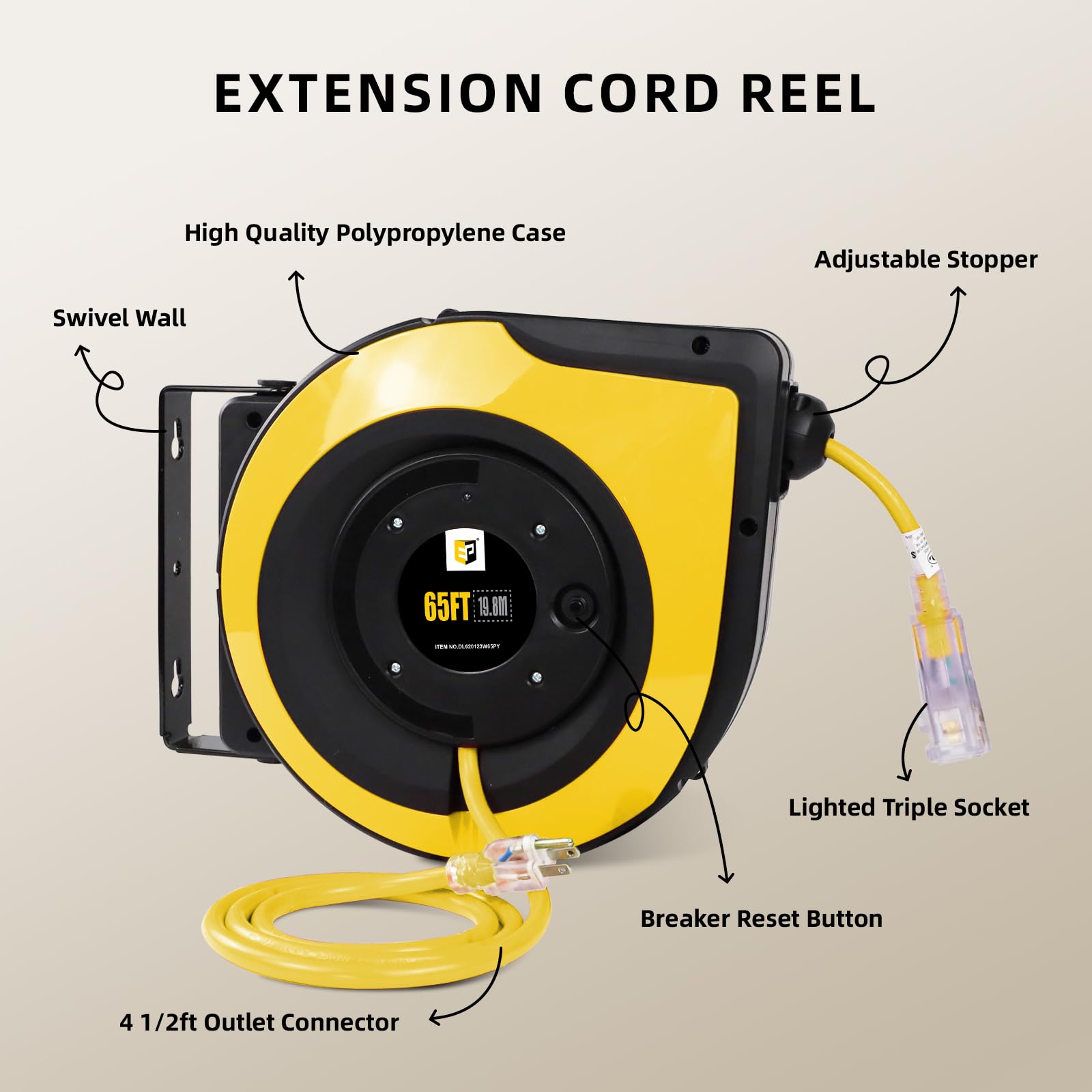 Ep Retractable Extension Cord Reel,65 Feet 12 Awg/3C Sjtow Heavy Duty Power Cord,15 Amp Circuit Breaker, 3 Lighted Triple Outlet