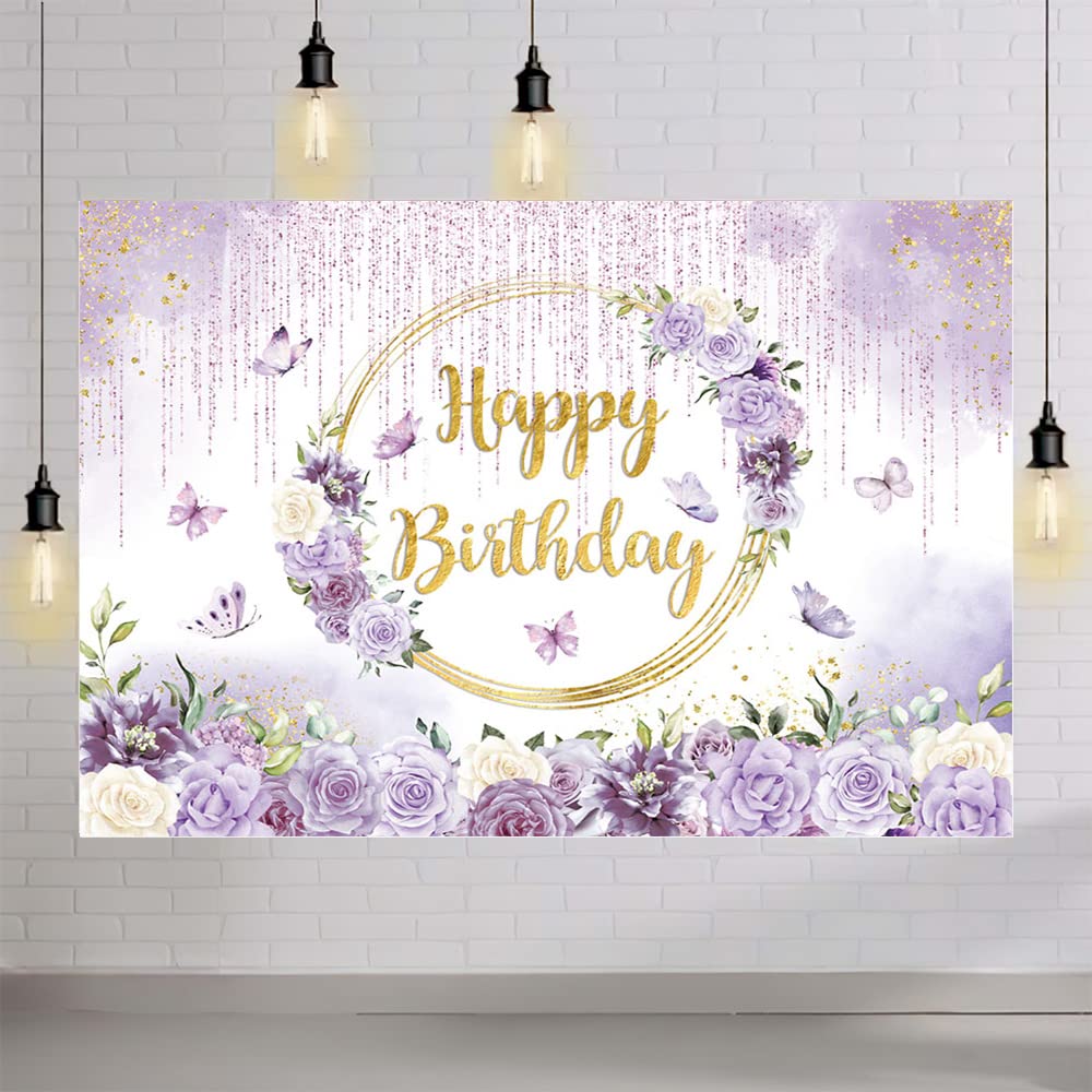Mehofond Spring Purple Floral Happy Birthday Backdrop - Thumbnail 2