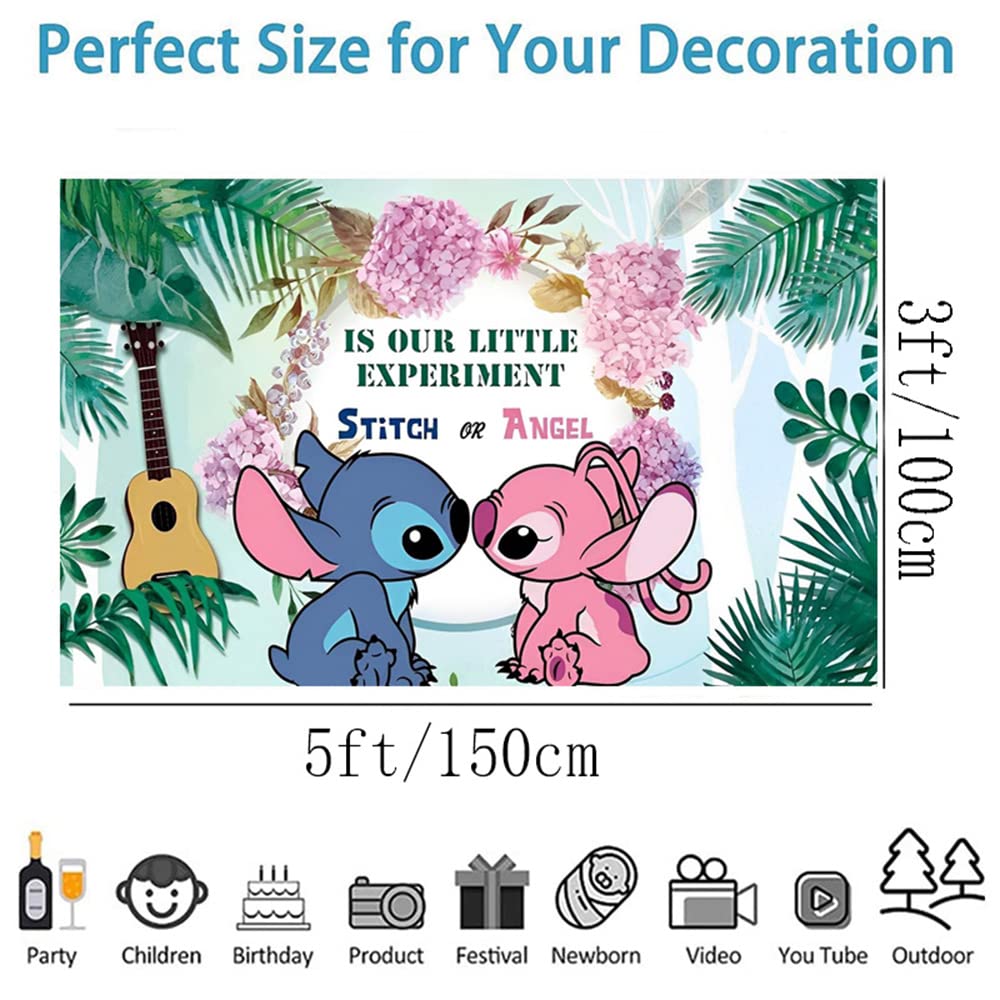 Okelaucfh Stitch And Angel Gender Reveal Party Background Jungle Leaves Theme Background 5 X 3Ft Baby Shower Tropical Hawaii Pho