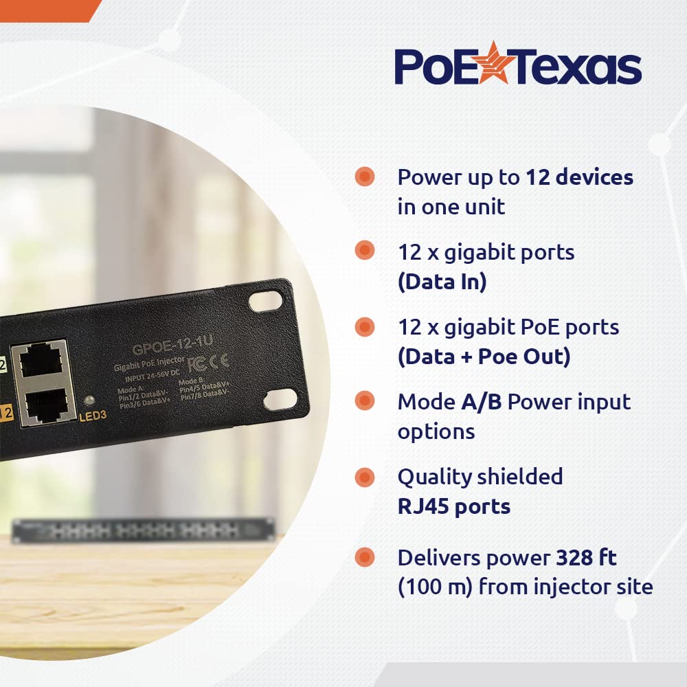 Poe Texas   Poe Injector   12 Port Gigabit Passive Midspan Injector With 24V 120 Watt Ul Power Supply   Power Over Ethernet For