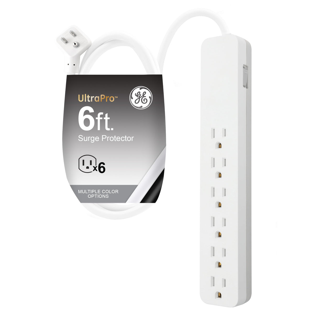 Ge 6 Outlet Surge Protector, 6 Ft Extension Cord, 540 Joules, Power Strip, Flat Plug, Integrated Circuit Breaker, Wall Mount, Et