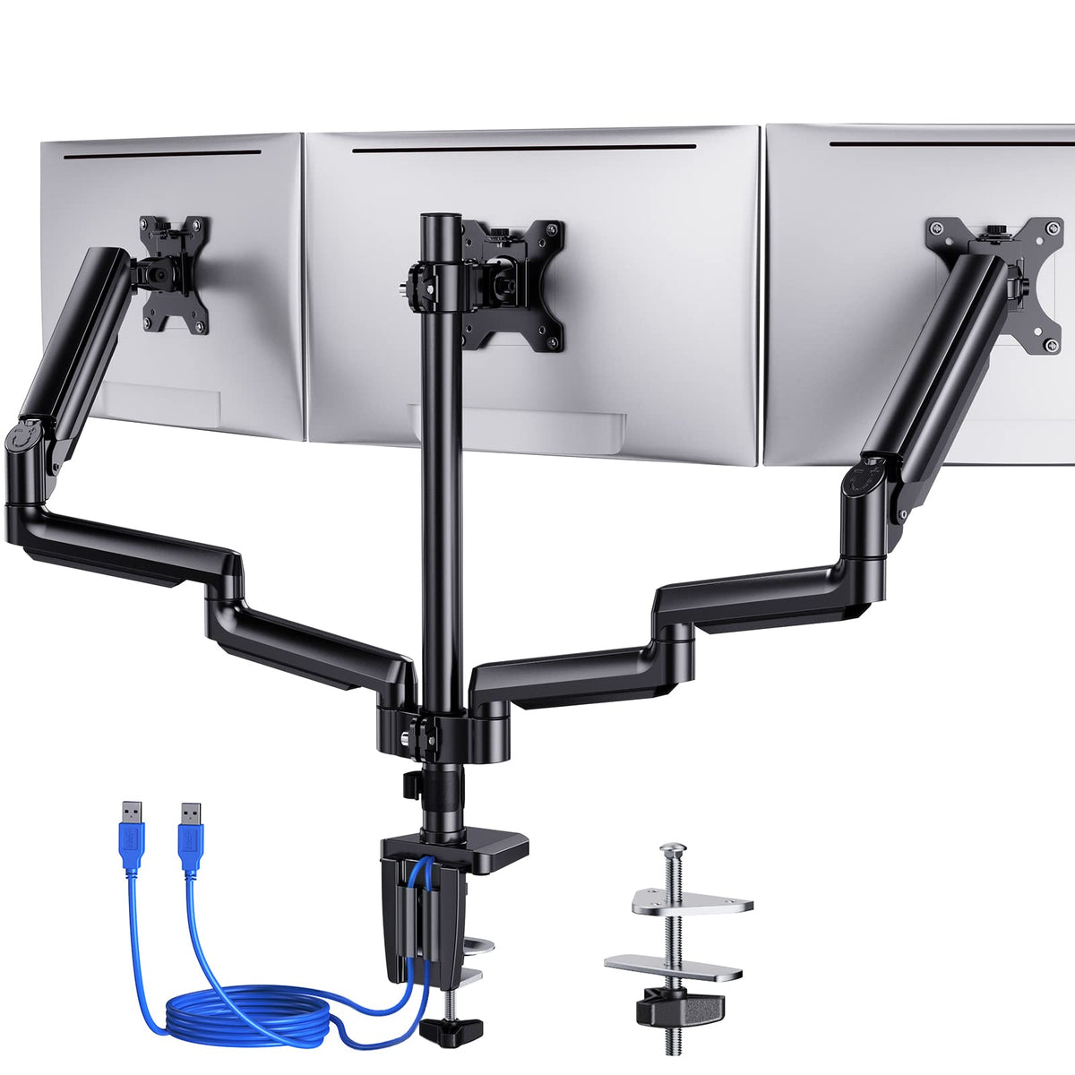Ergear Triple Monitor Mount, 3 Monitor Stand Desk Mount For Computer Screens Up To 27 Inch, Articulating Gas Spring Three Monito