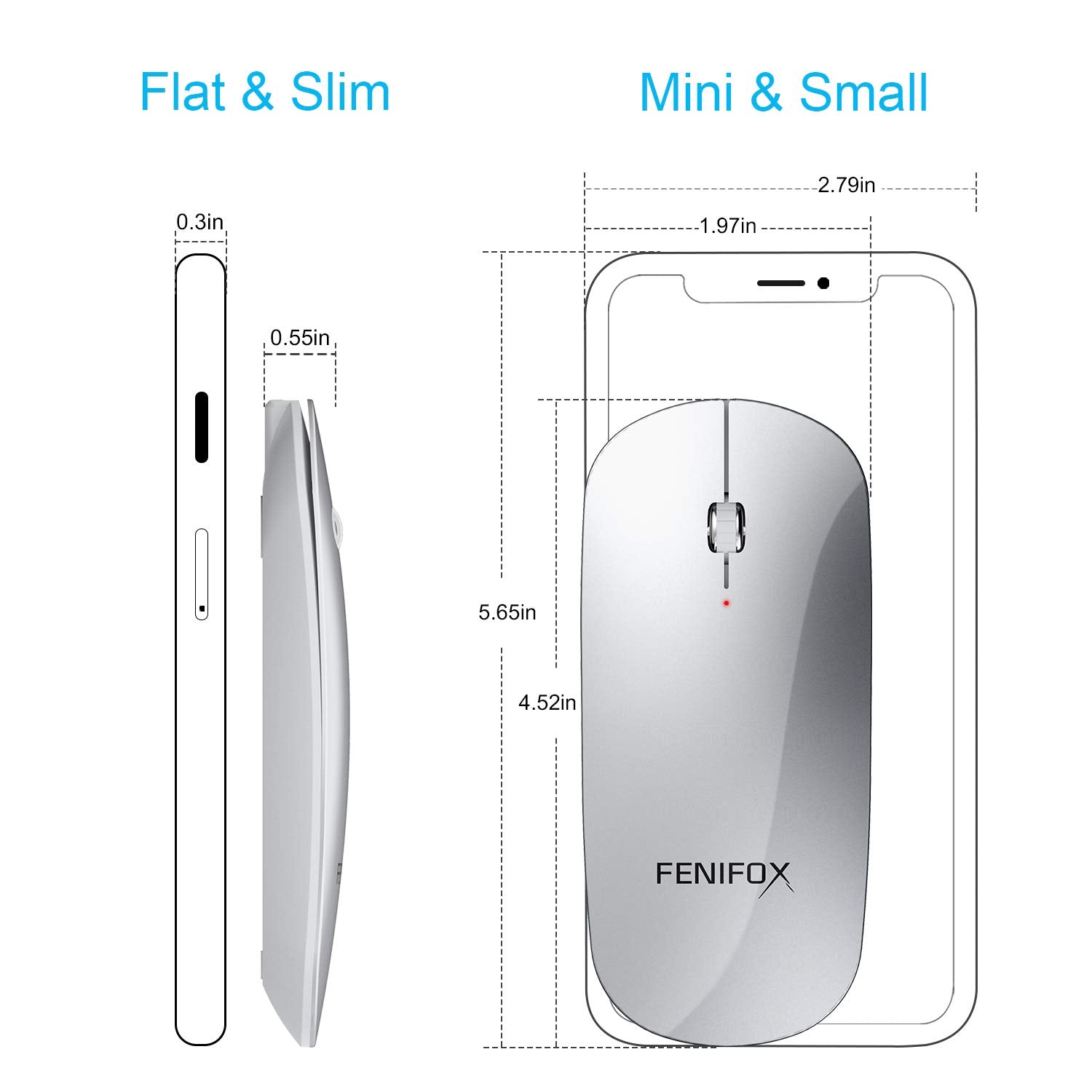 Fenifox Bluetooth Mouse, Slim Mini Portable Flat Travel Wireless Mouse Rechargeable Quiet Ultra Thin Mice Compatible With Laptop,Tablet,Notebook,Pc (Silver And White)
