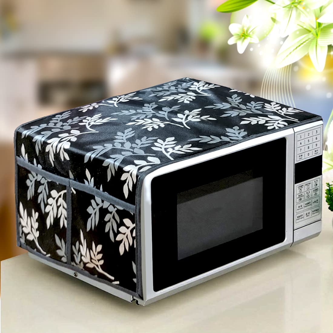 Kanushi Industries Microwave/Oven Top Cover With 4 Utility Pockets (MicroBlackSmallLevs01)