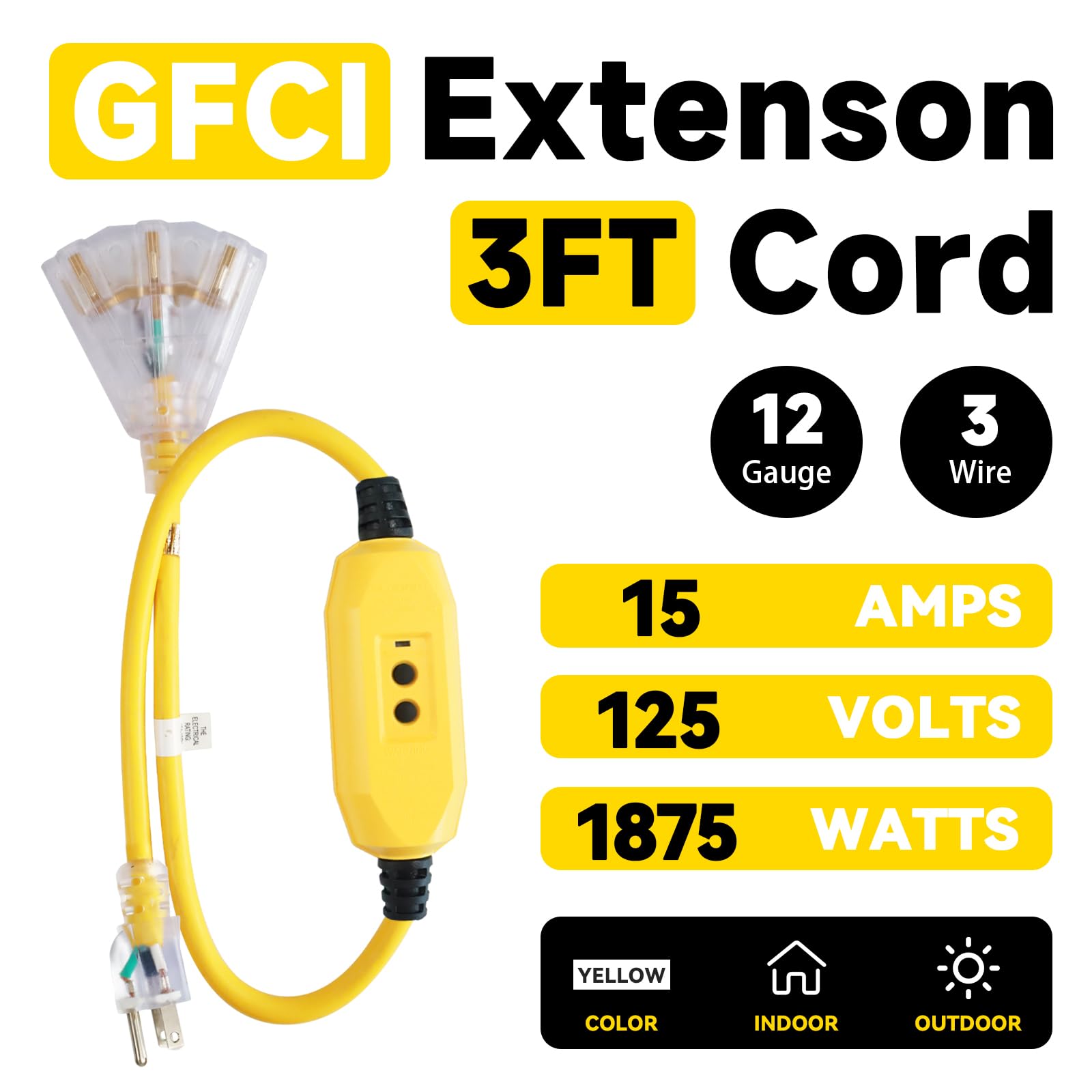 Ep 3 Ft Lighted Gfci Extension Cord With 3 Electrical Power Outlets   12/3 Sjtw Heavy Duty Yellow Pigtail Extension Cable With 3