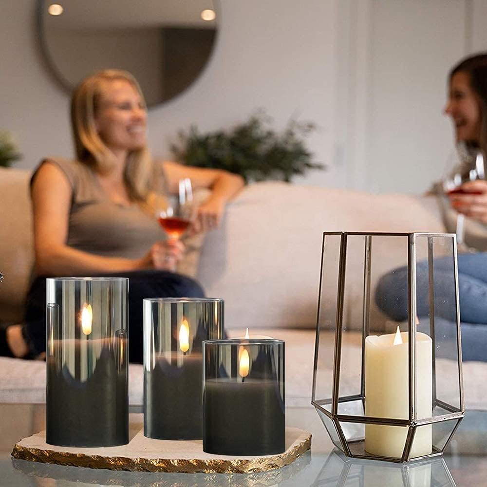 Genswin Rechargeable Led Flameless Flickering Glass Candles With Remote Timer, Battery Operated Pillar Candles Long Lasting Grey