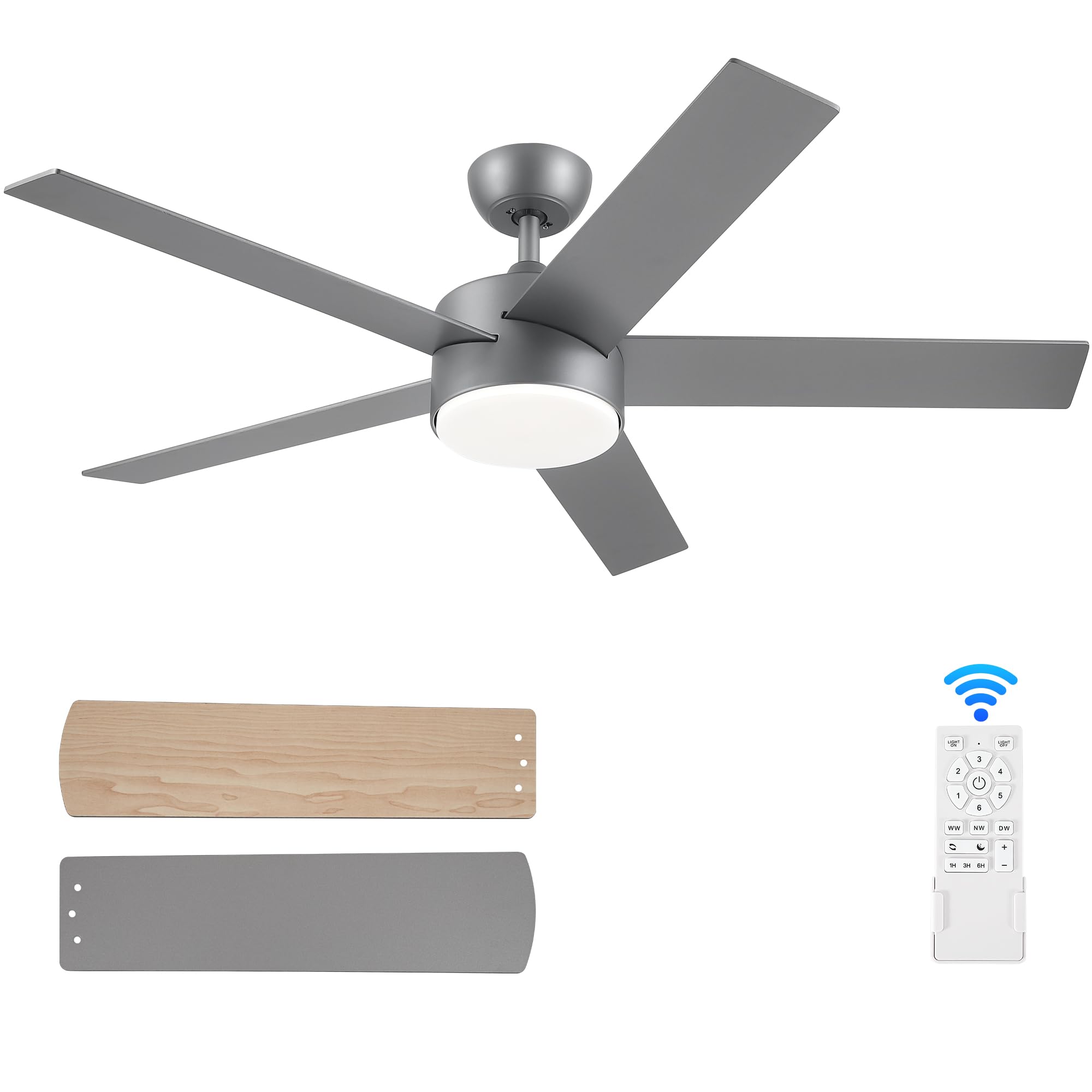 POCHFAN 52 inch Ceiling Fans with Lights and Remote Control Silver, Modern Ceiling Fan Dimmable 3 CCT Temperatures 6-Speed, Quie